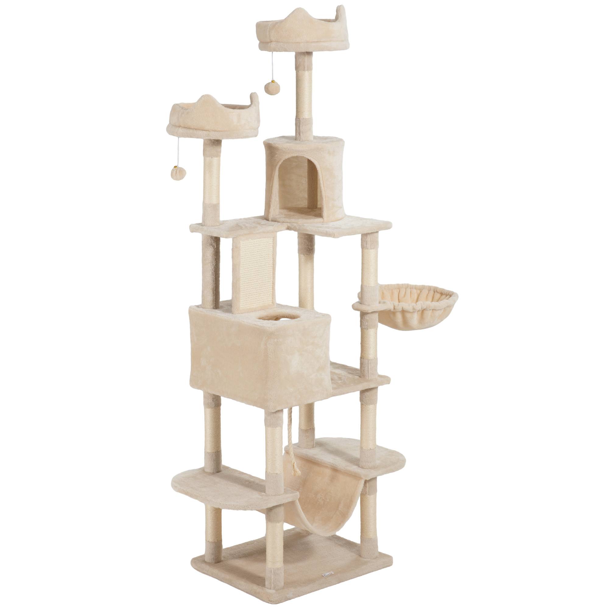 arbre à chat beige géant 206 cm niches niveaux hamacs balles suspendues chat intérieur grand stable - Image 2