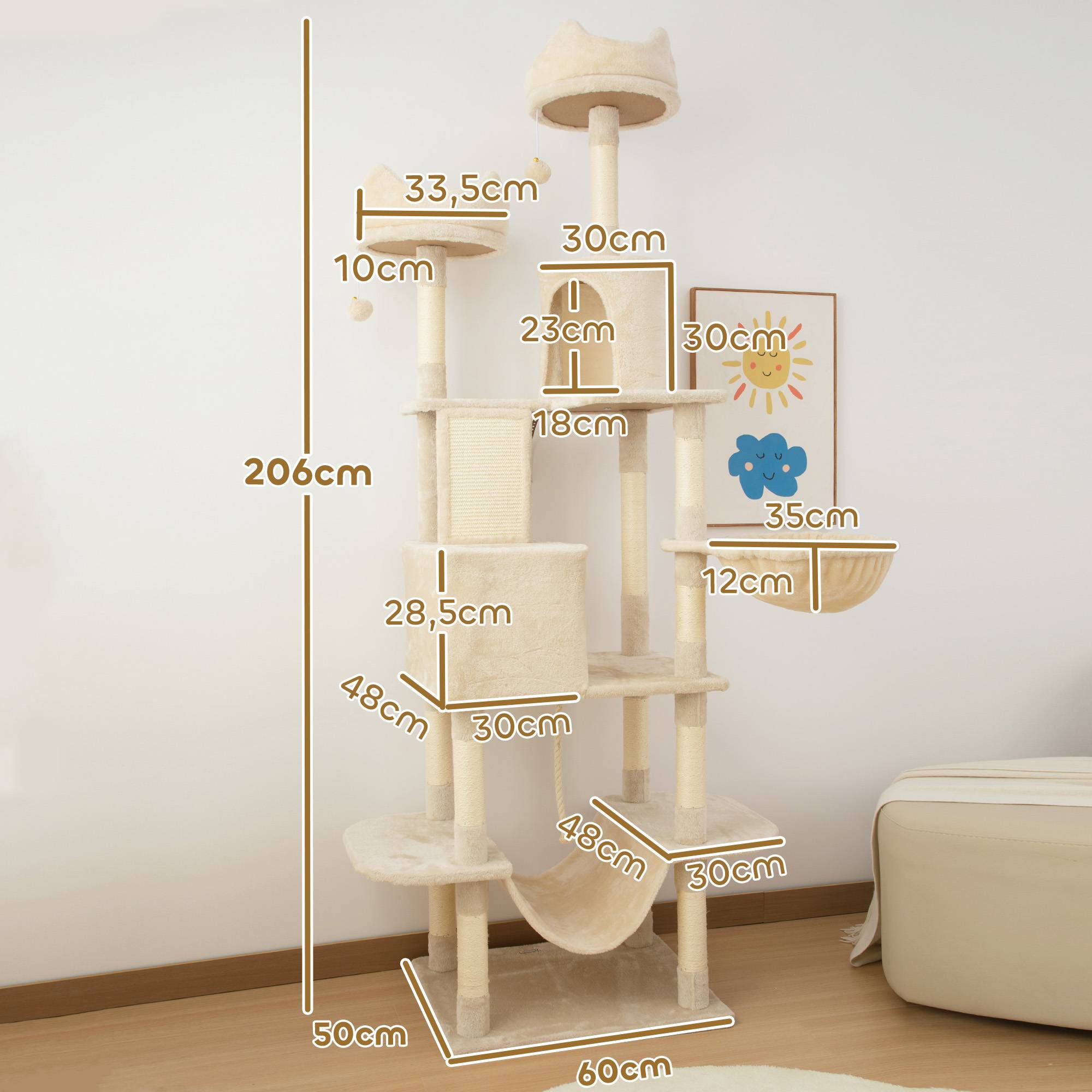 arbre à chat beige géant 206 cm niches niveaux hamacs balles suspendues chat intérieur grand stable - Image 5