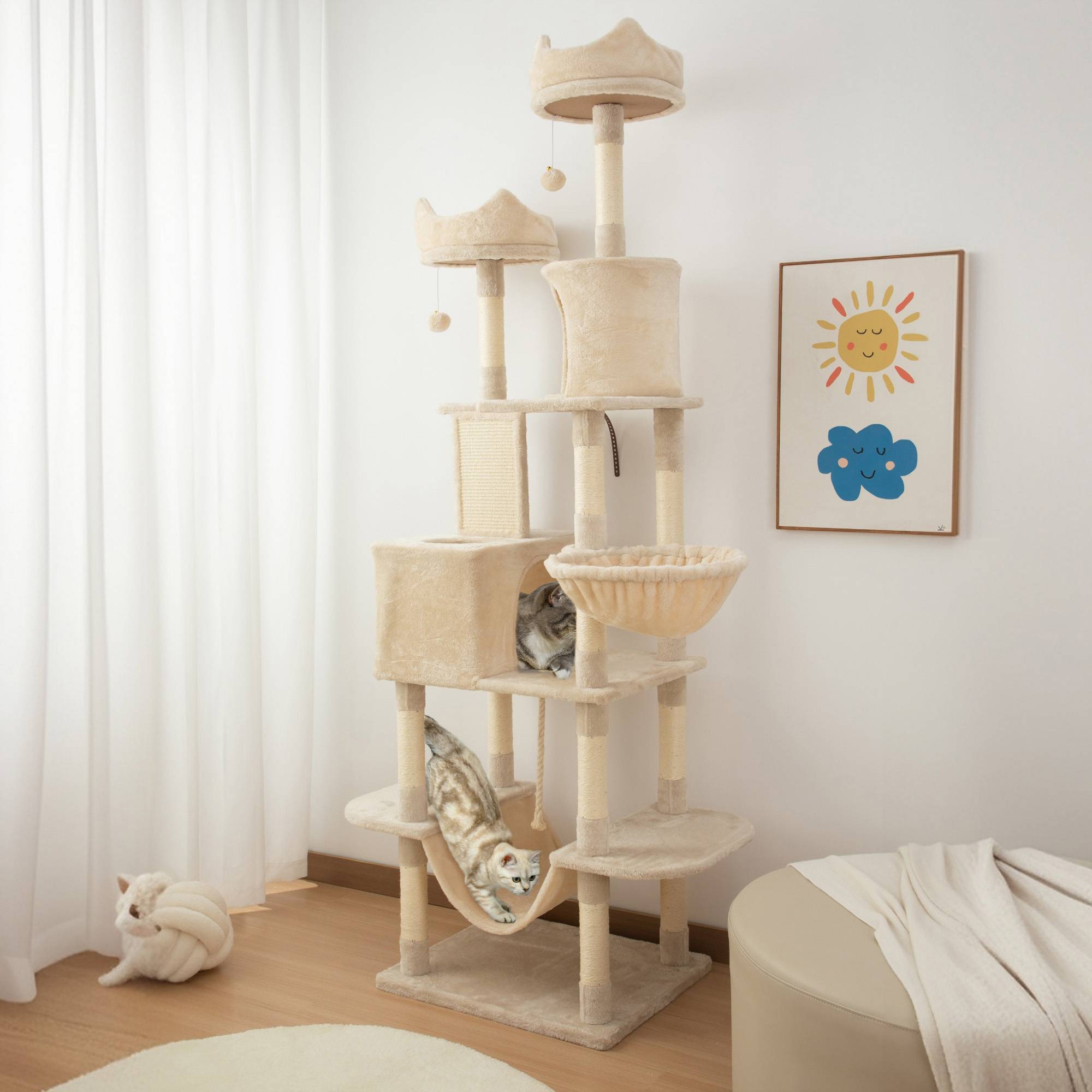 arbre à chat beige géant 206 cm niches niveaux hamacs balles suspendues chat intérieur grand stable - Image 4