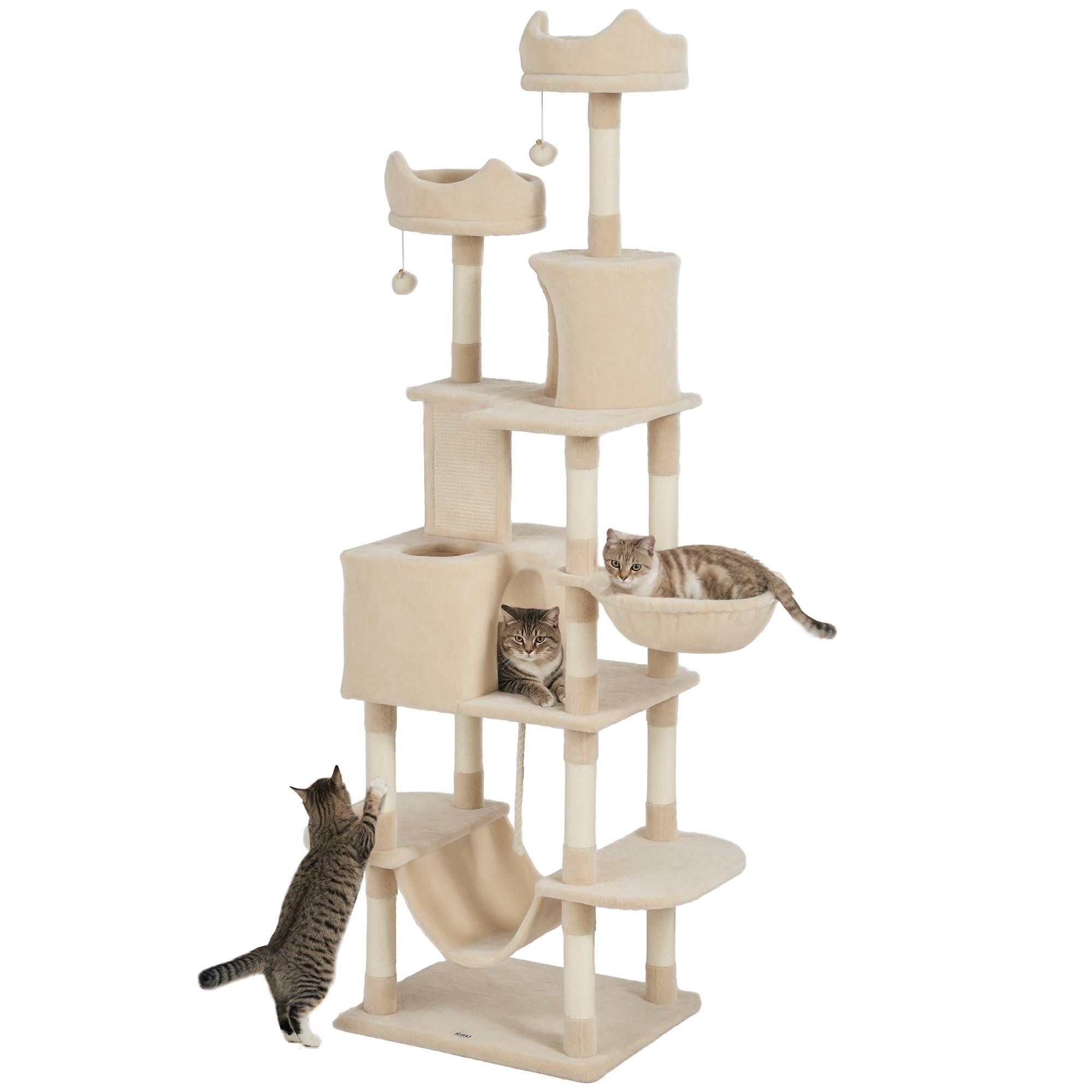 arbre à chat beige géant 206 cm niches niveaux hamacs balles suspendues chat intérieur grand stable - Image 1