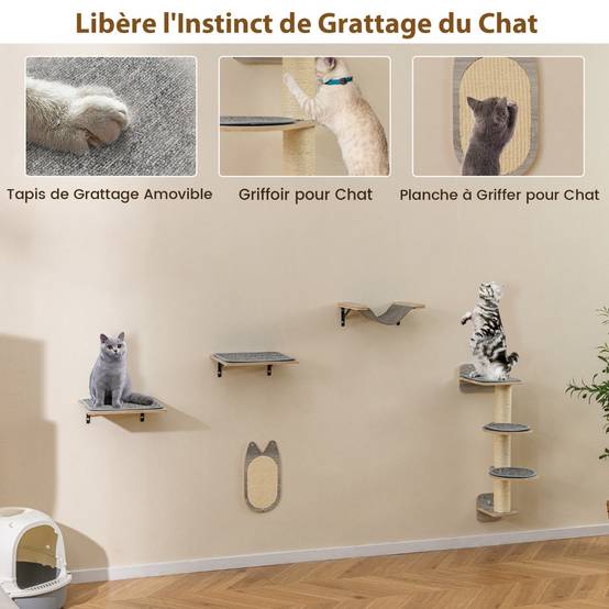 Arbre à Chat Mural Meubles avec 4 Niveaux Hamac Planche à Griffer & Tapis 2 Plateformes de Saut - Image 7