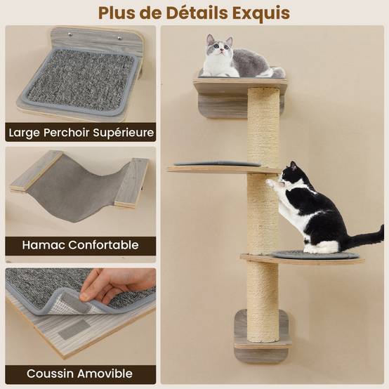 Arbre à Chat Mural Meubles avec 4 Niveaux Hamac Planche à Griffer & Tapis 2 Plateformes de Saut - Image 6