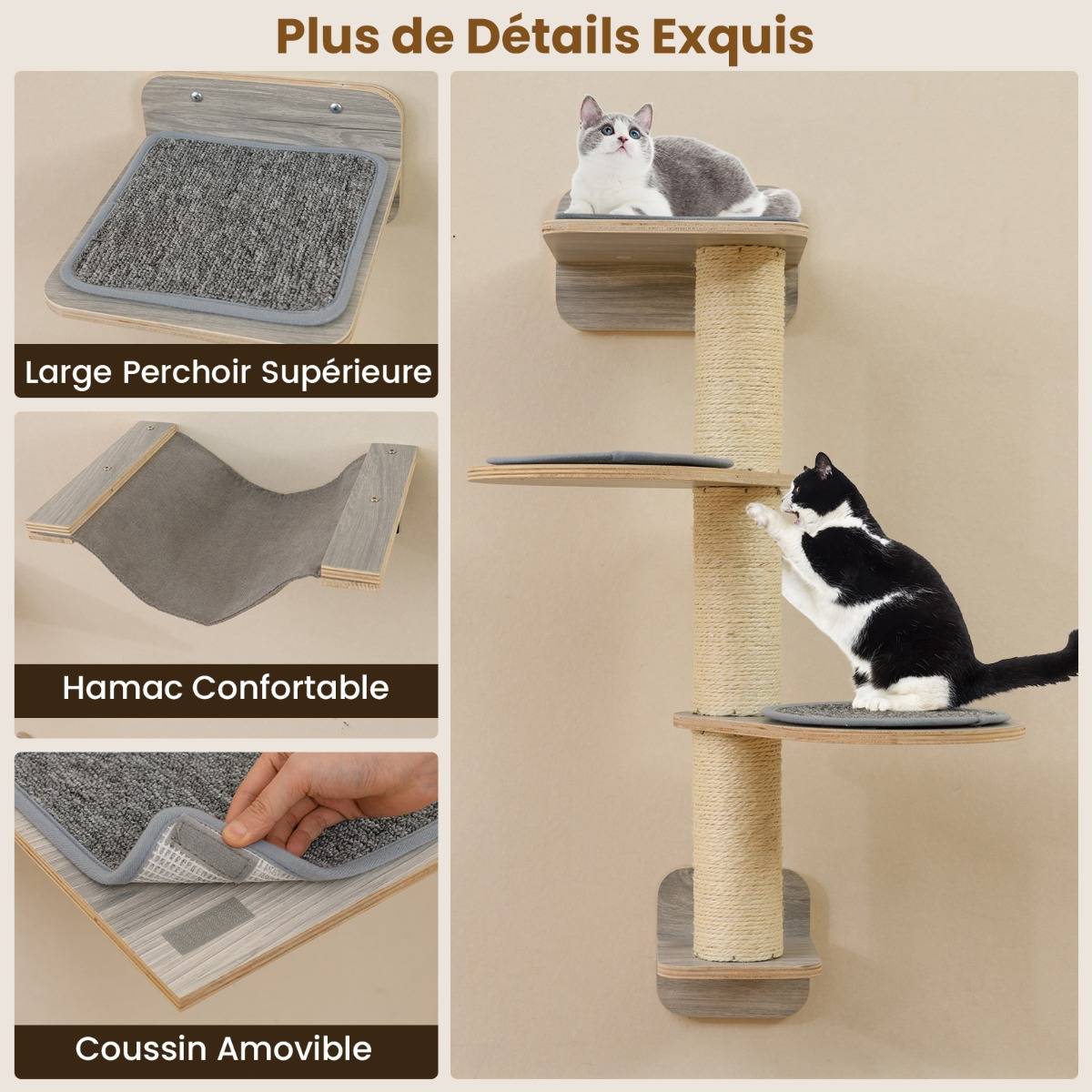 Arbre à Chat Mural Meubles avec 4 Niveaux Hamac Planche à Griffer & Tapis 2 Plateformes de Saut - Image 6