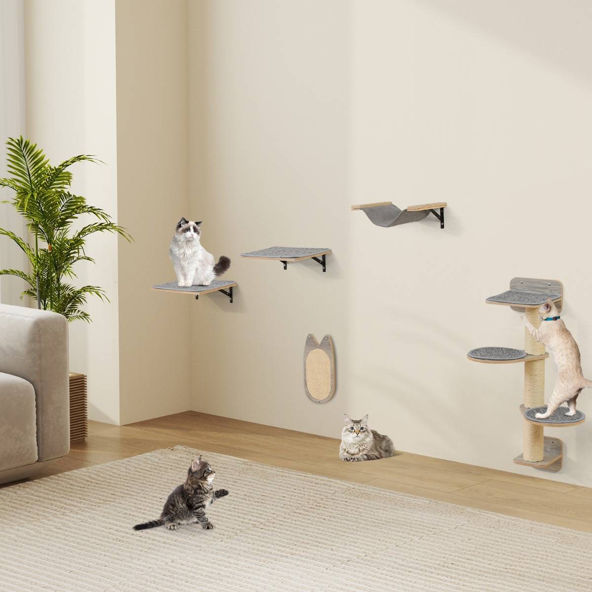 Arbre à Chat Mural Meubles avec 4 Niveaux Hamac Planche à Griffer & Tapis 2 Plateformes de Saut - Image 3