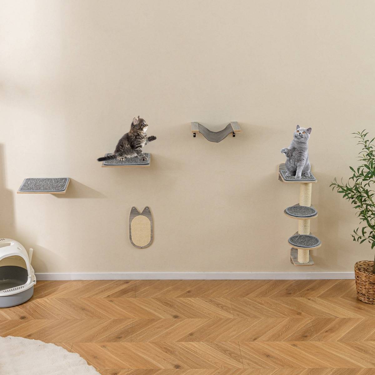 Arbre à Chat Mural Meubles avec 4 Niveaux Hamac Planche à Griffer & Tapis 2 Plateformes de Saut - Image 5