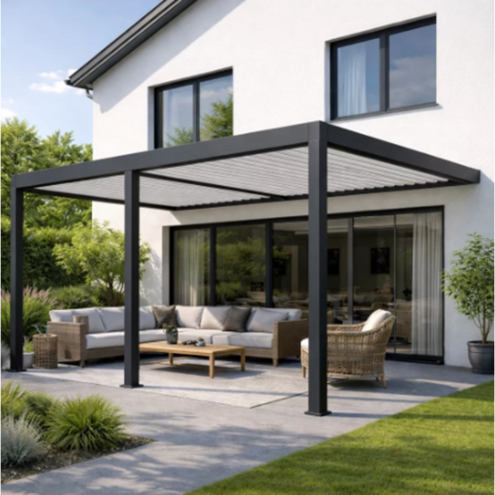 Ombrea - Pergola Bioclimatique motorisée Ombréa 4x8M adossée – Anthracite et Blanc - Image 1
