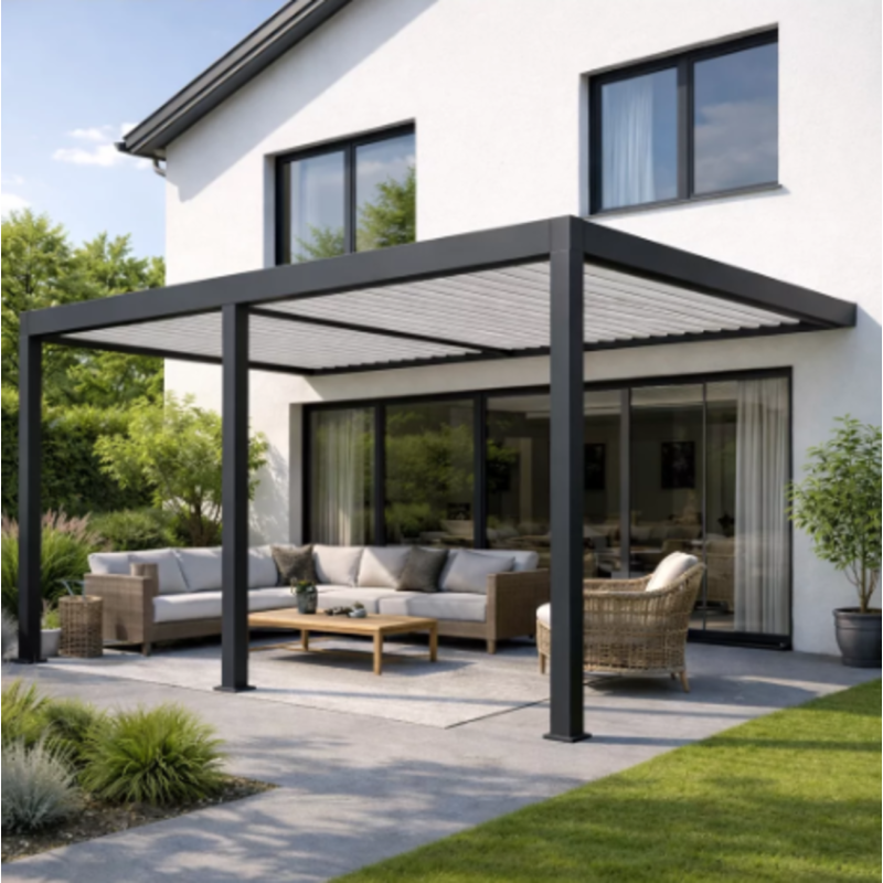 Ombrea - Pergola Bioclimatique motorisée Ombréa 4x8M adossée – Anthracite et Blanc - Image 1