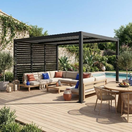 Pergola bioclimatique aluminium et acier 4x3m + 3 persiennes 100cm anthracite Palace | sweeek - Image 1