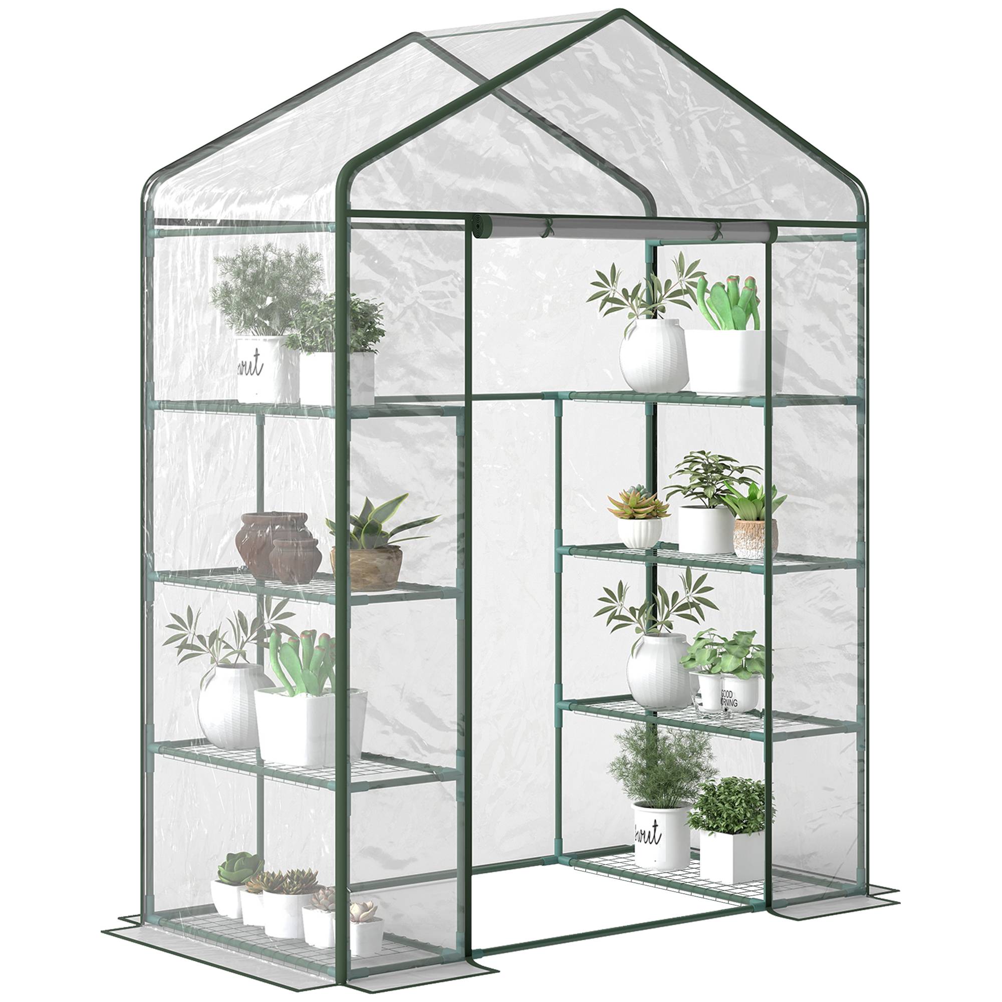 Serre transparente d'extérieur 143x73x195cm à 4 niveaux, étagères acier pour tomates et fleurs - Image 1