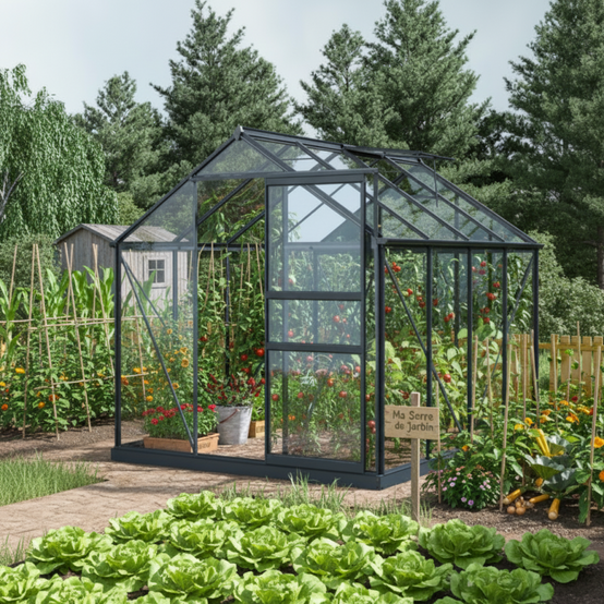 Serre de jardin 4,57m² aluminium anthracite verre trempé 4mm avec embase Green Protect Rinca - Image 2