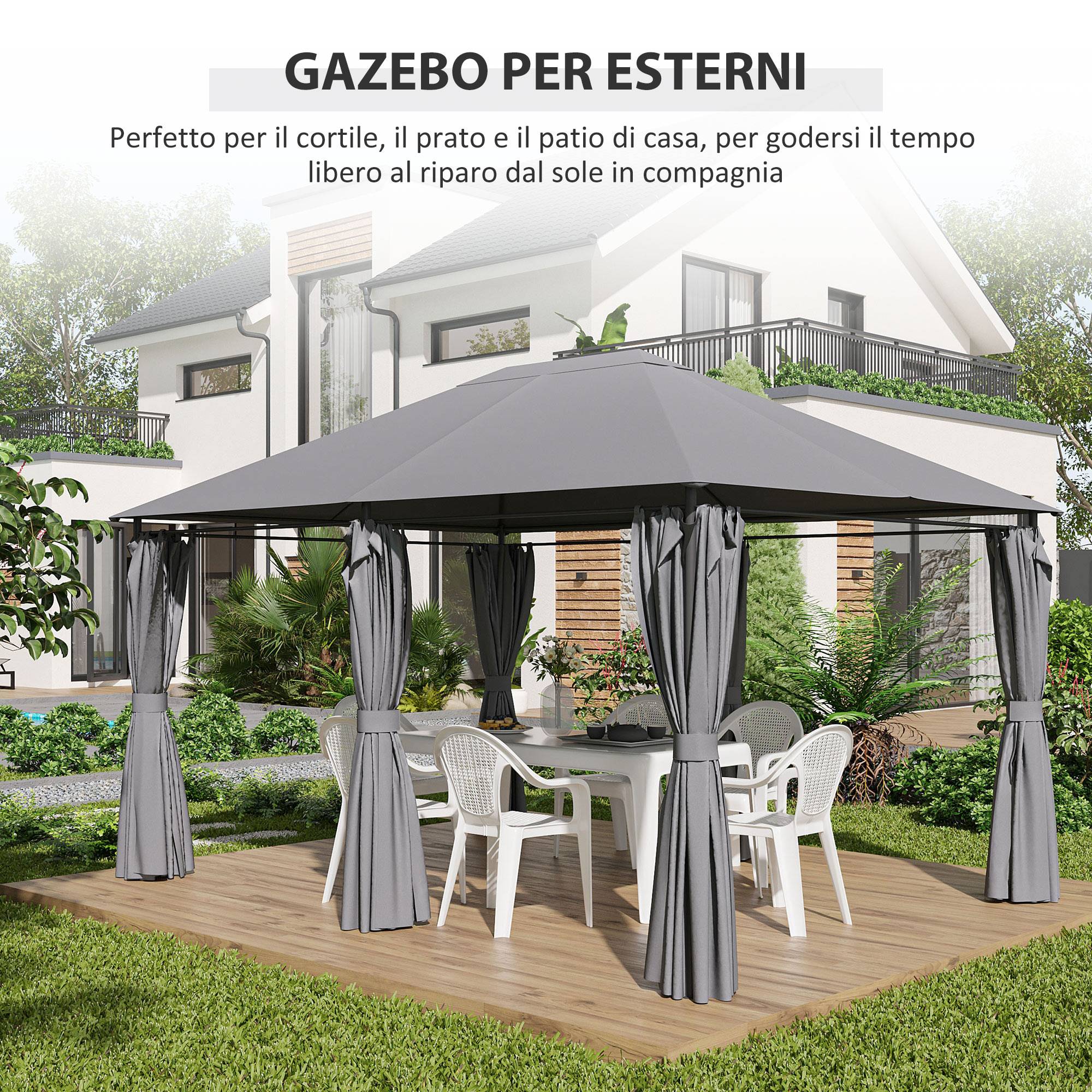 Tonnelle de jardin métal rideaux amovibles terrasse toit imperméable 3x4m gris - ComfortXL Outdoor Living - Image 8