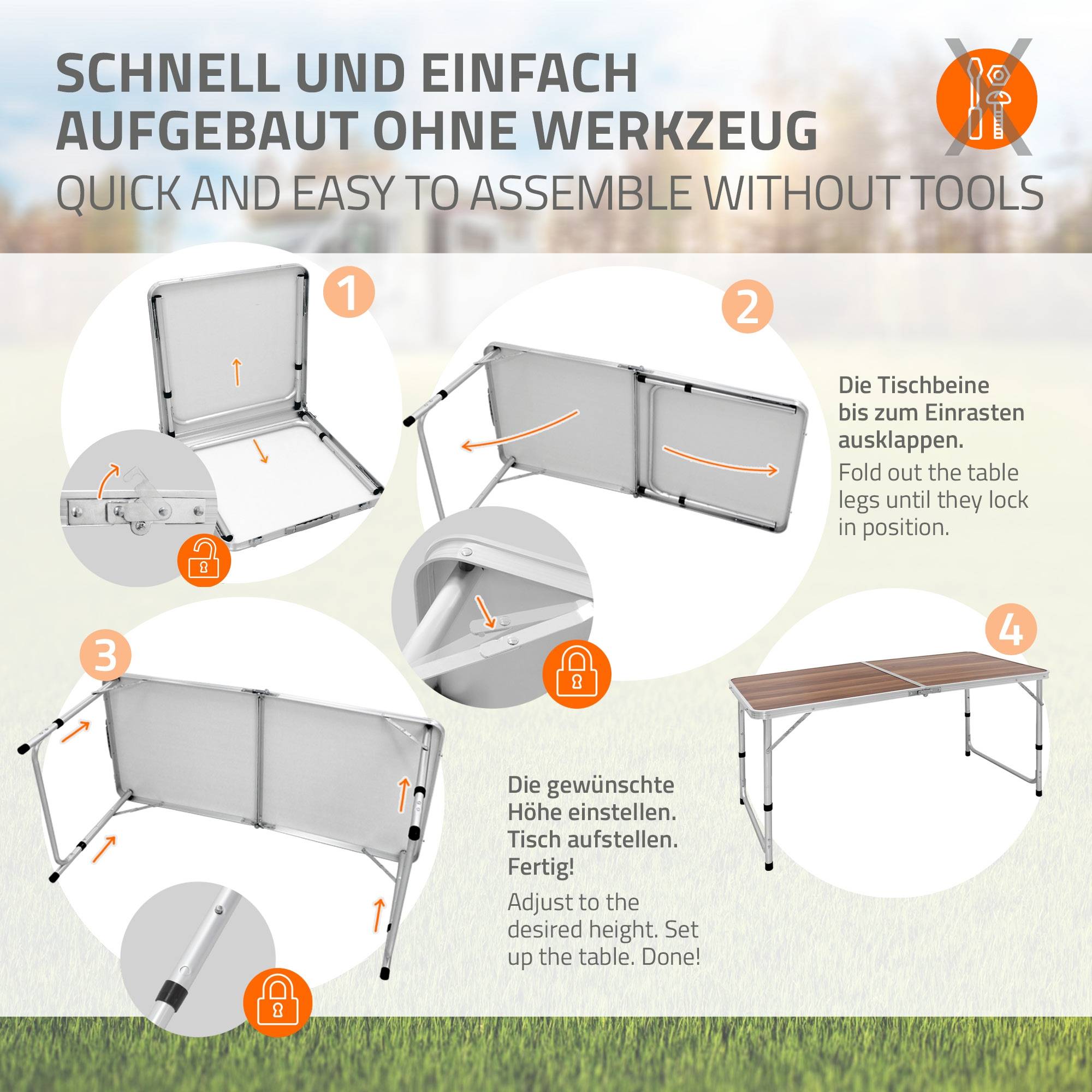 Ecd-Germany - Table Pliante Transportable de Camping - 120 x 60 x 55/63/70 cm - Hauteur Réglable - en Aluminium et MDF - Marron - Image 5