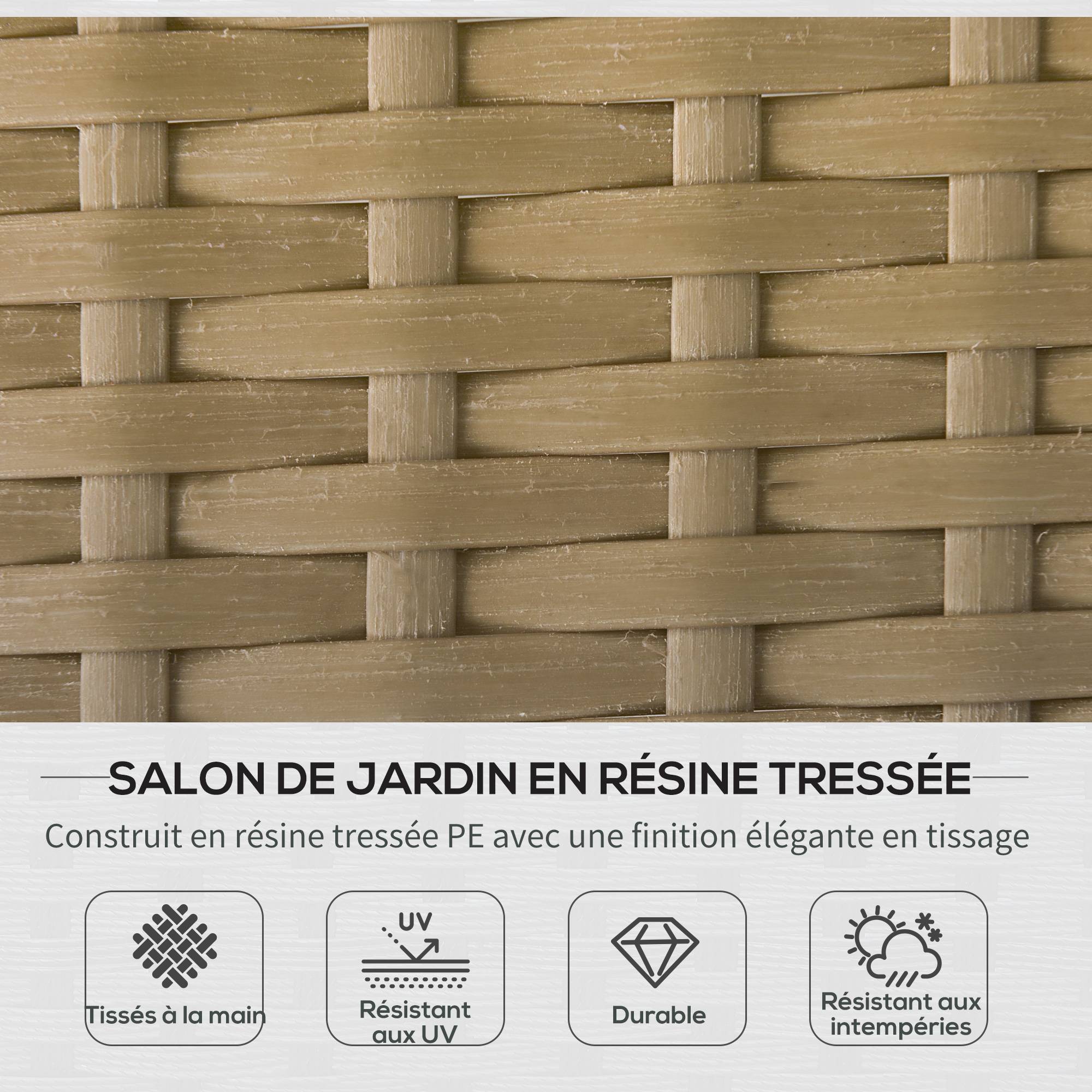 Salon de jardin extérieur d'angle 5 places en résine tressée, canapés, repose-pieds, table basse et coussins, crème - Image 5