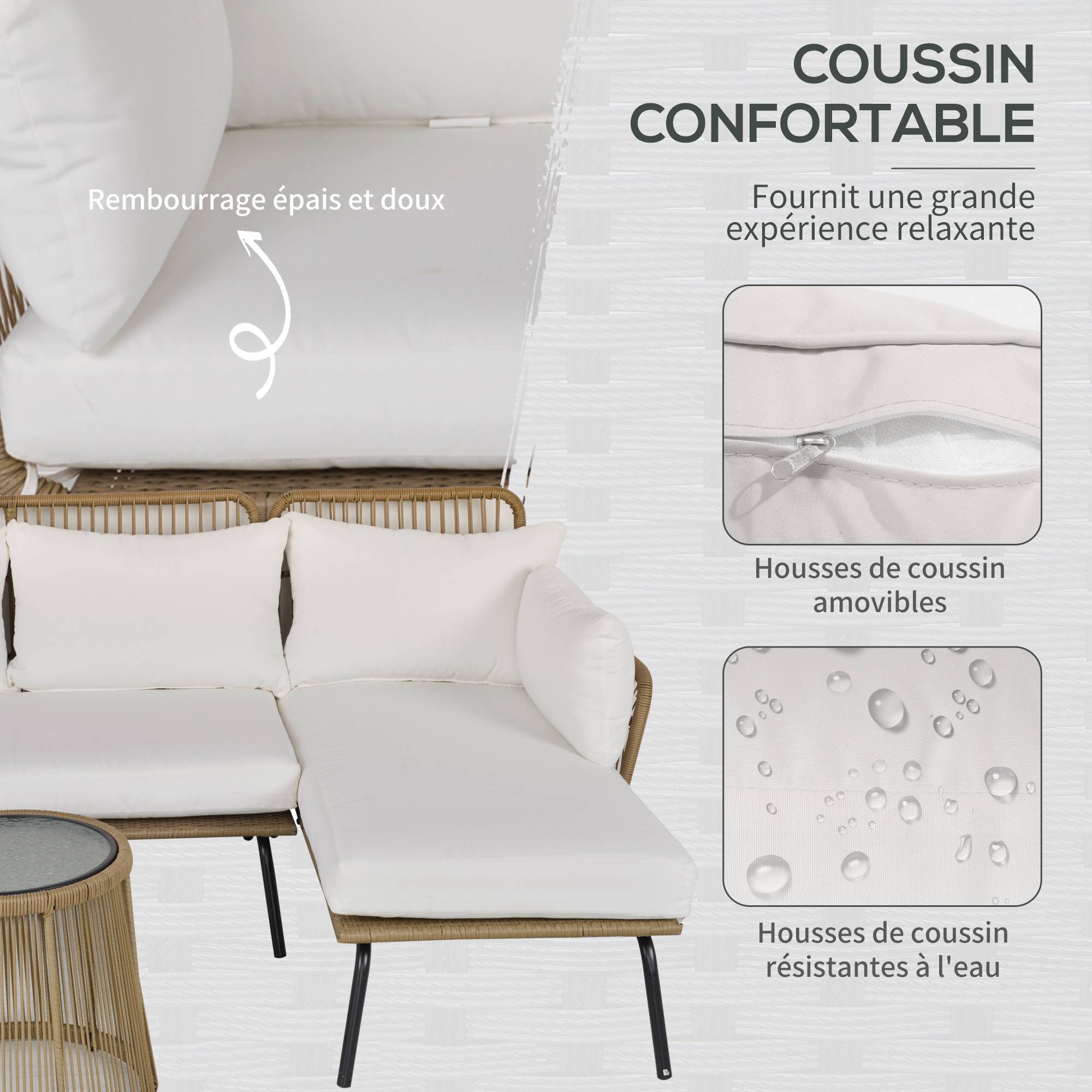 Salon de jardin extérieur d'angle 5 places en résine tressée, canapés, repose-pieds, table basse et coussins, crème - Image 6