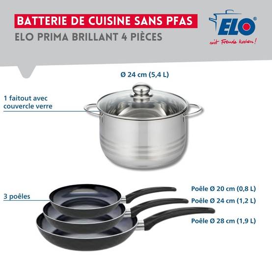 Ensemble de 3 Poêles de cuisson 20, 24 et 28 cm et 1 faitout 24 cm Elo Prima Brillant - Image 2