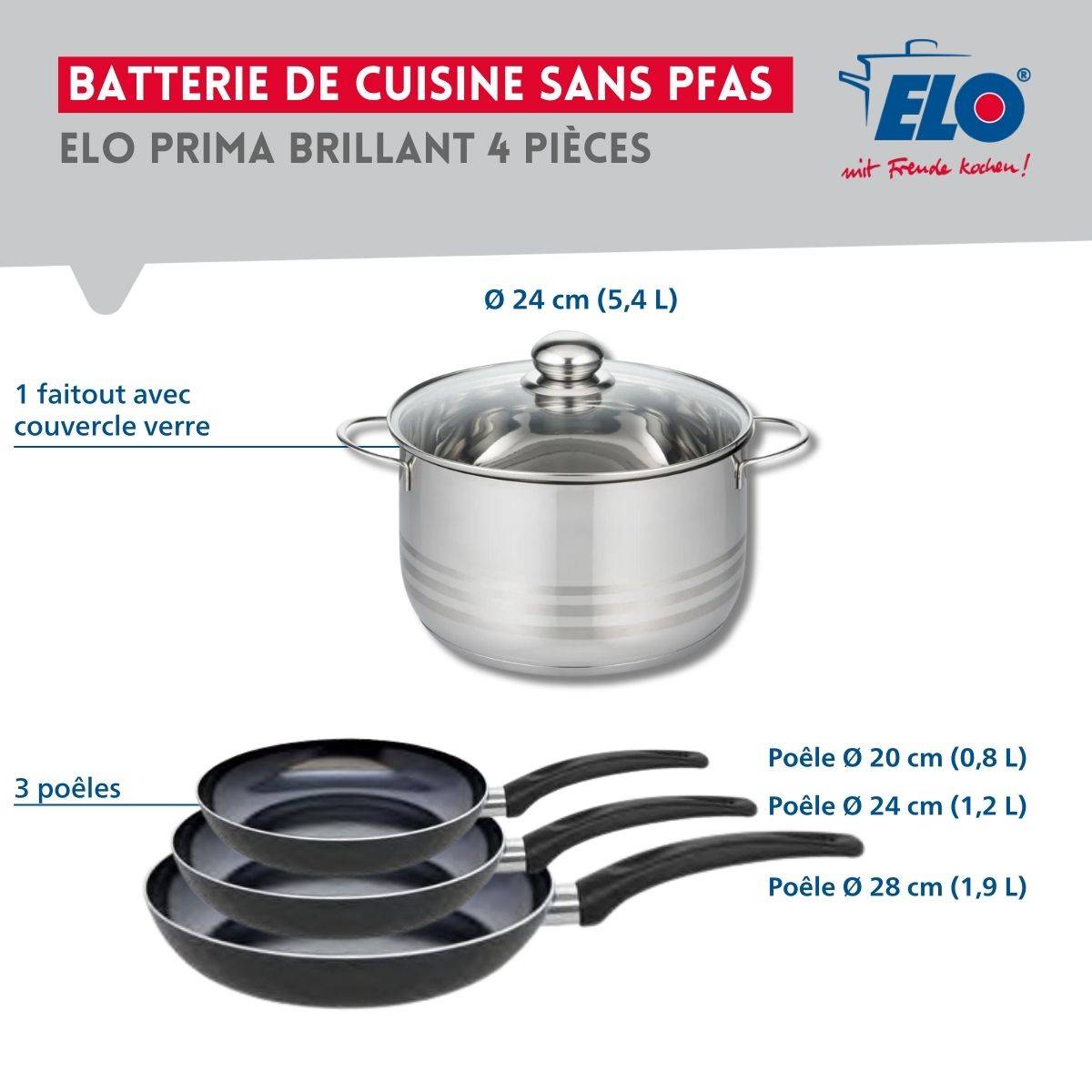 Ensemble de 3 Poêles de cuisson 20, 24 et 28 cm et 1 faitout 24 cm Elo Prima Brillant - Image 2