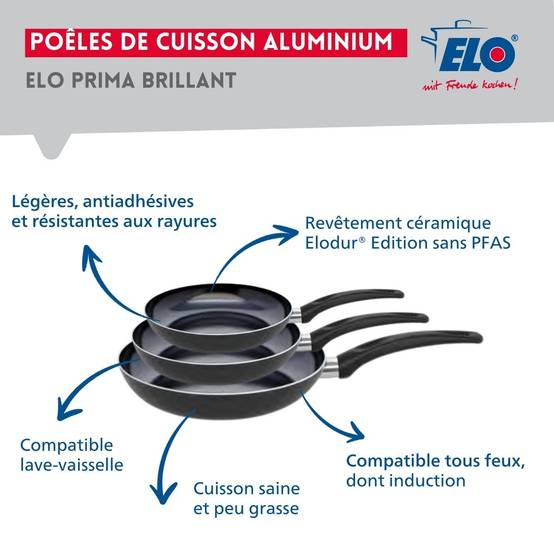 Ensemble de 3 Poêles de cuisson 20, 24 et 28 cm et 1 faitout 24 cm Elo Prima Brillant - Image 4