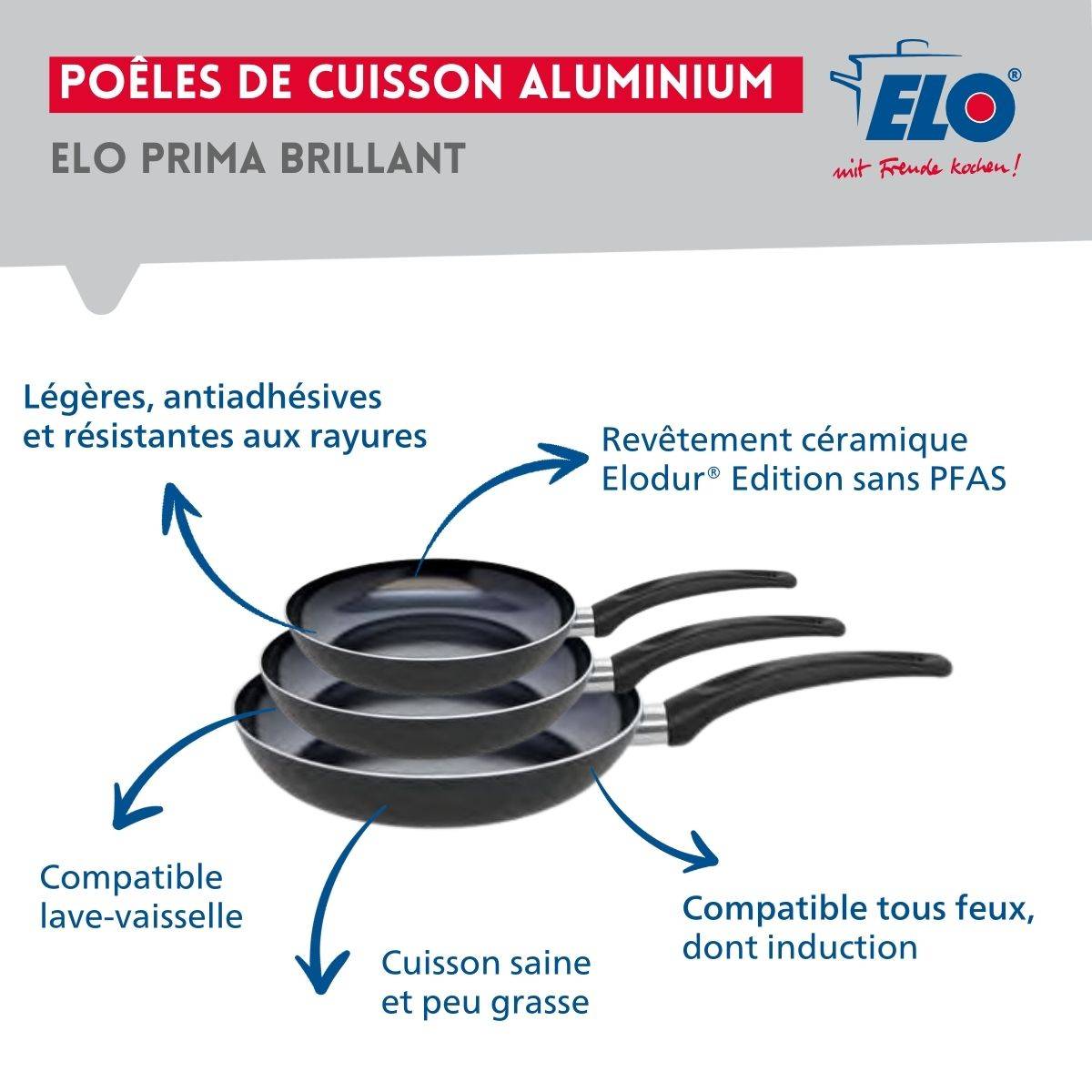 Ensemble de 3 Poêles de cuisson 20, 24 et 28 cm et 1 faitout 24 cm Elo Prima Brillant - Image 4