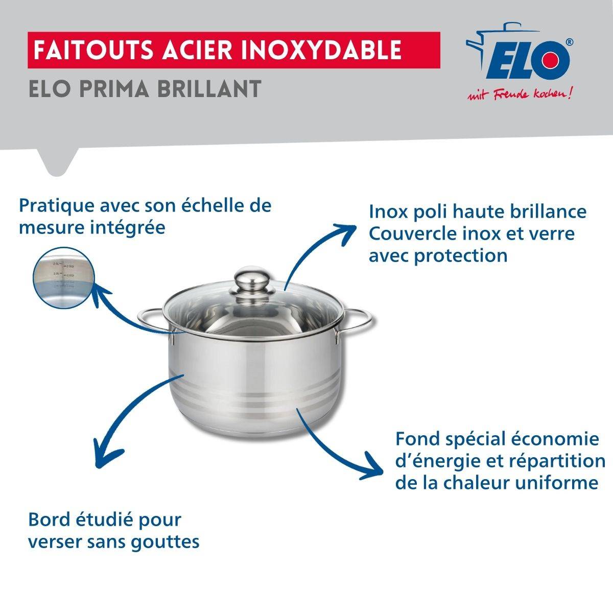 Ensemble de 3 Poêles de cuisson 20, 24 et 28 cm et 1 faitout 24 cm Elo Prima Brillant - Image 3