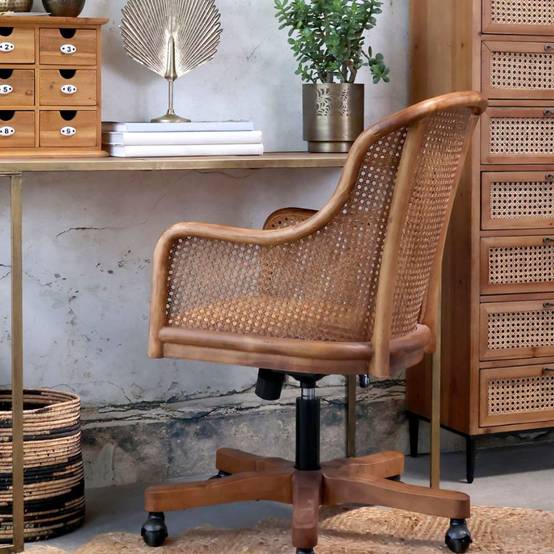 Chaise de bureau antique en rotin et bois de bouleau 62 x 62 x 92 cm Chemin de campagne - Image 2