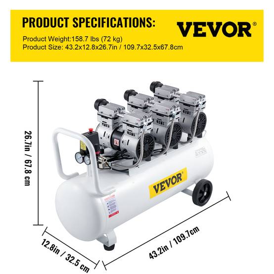 VEVOR Compresseur silencieux sans huile 22 gallons (80L), 2 manomètres, pour peinture/nettoyage. - Image 7