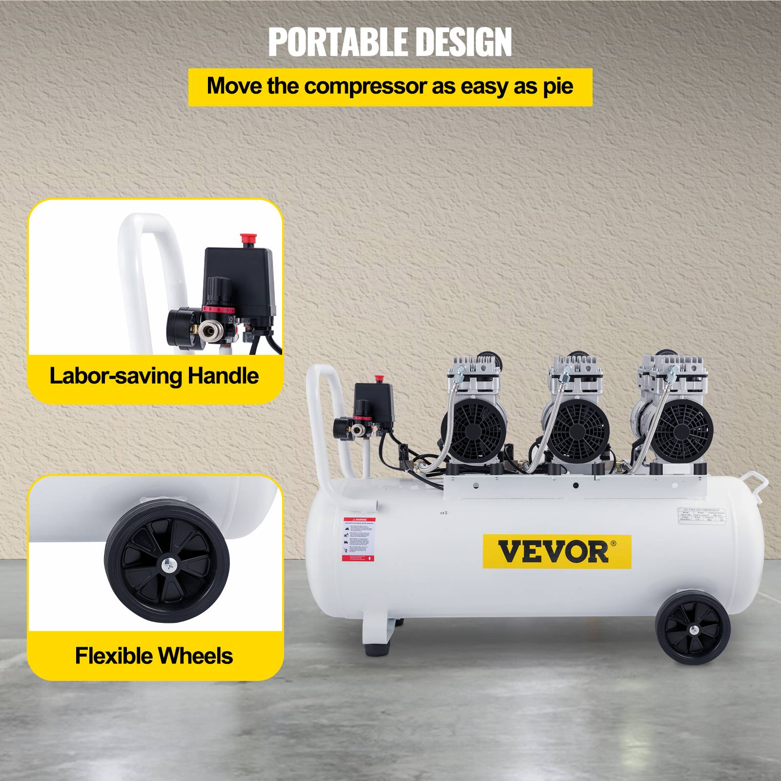 VEVOR Compresseur silencieux sans huile 22 gallons (80L), 2 manomètres, pour peinture/nettoyage. - Image 5