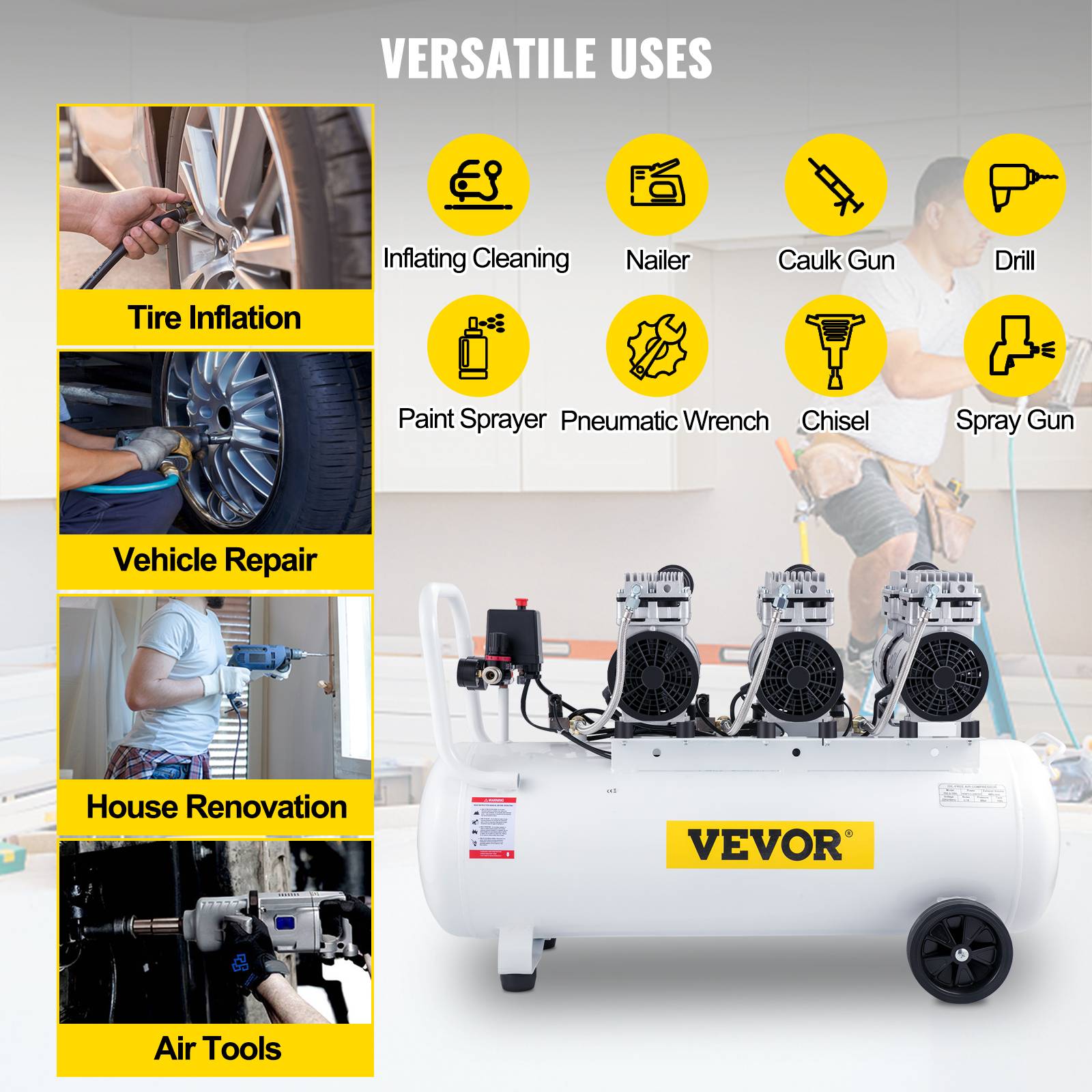 VEVOR Compresseur silencieux sans huile 22 gallons (80L), 2 manomètres, pour peinture/nettoyage. - Image 6