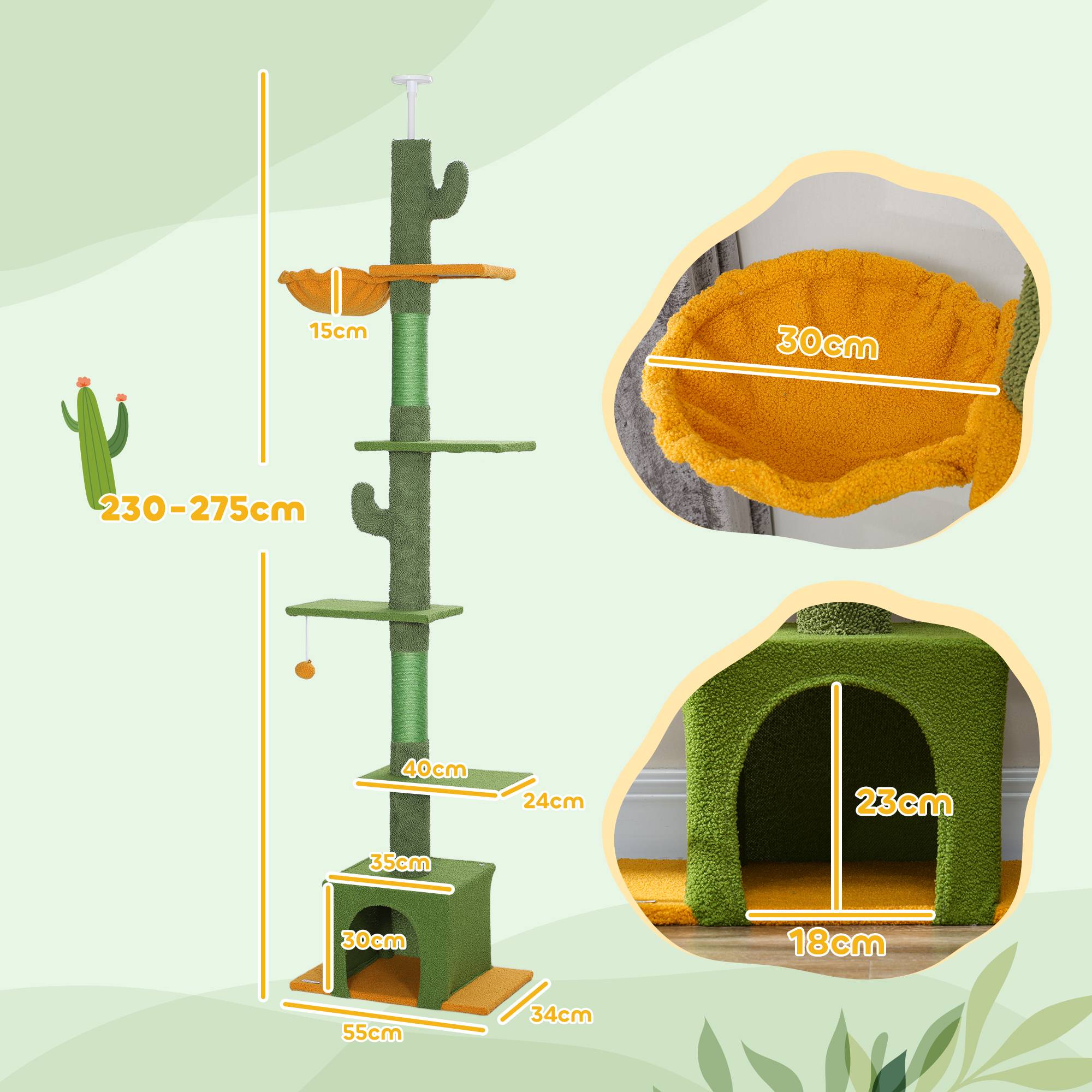 Arbre à chat plafond velours et chenille vert 55 x 34 x 275 cm - PANGIVO - Image 5