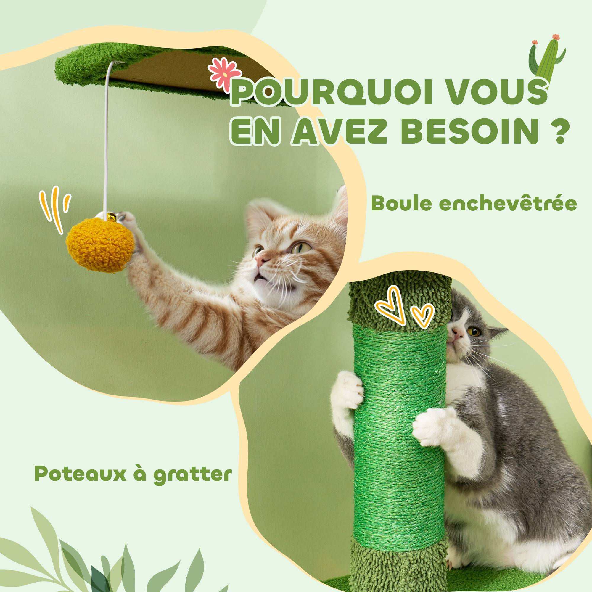 Arbre à chat plafond velours et chenille vert 55 x 34 x 275 cm - PANGIVO - Image 10