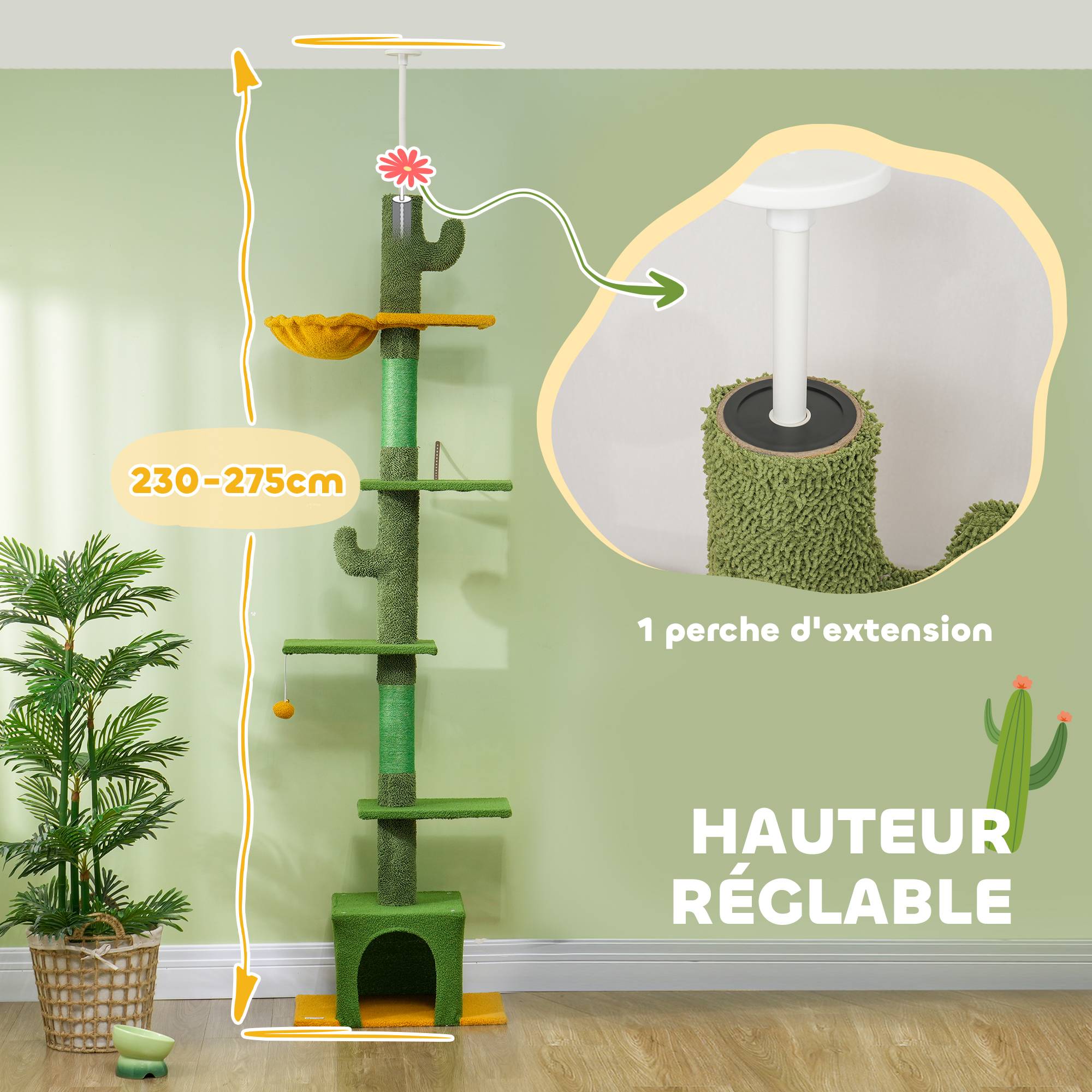 Arbre à chat plafond velours et chenille vert 55 x 34 x 275 cm - PANGIVO - Image 6