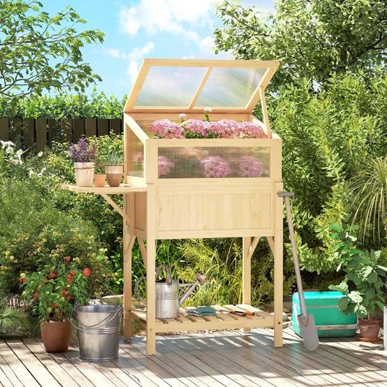 ComfortXL - Carré potager sur pied avec serre bois pour balcon culture ergonomique 104x50x120cm naturel - ComfortXL Outdoor Living - Image 1