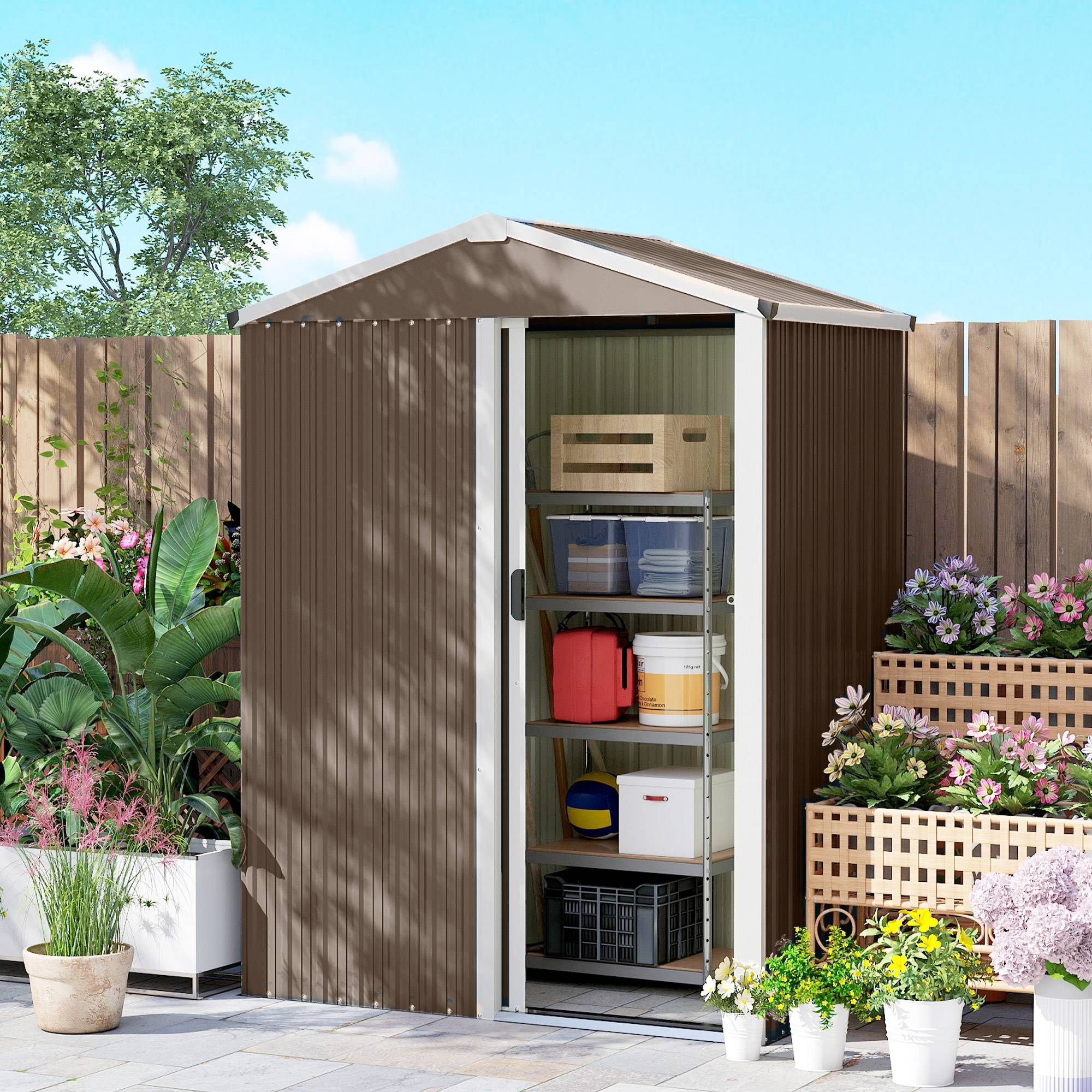 Abri de jardin extérieur 1,1 m² (136 x 87 x 179 cm) avec porte coulissante, toit en pente et finition marron. - Image 10