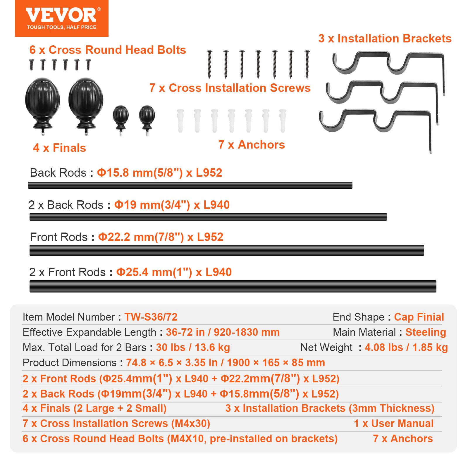 Vevor - VEVOR Tringle rideau double, extensible 92-183 cm. Fer, charge 13,6 kg, noir. - Image 7