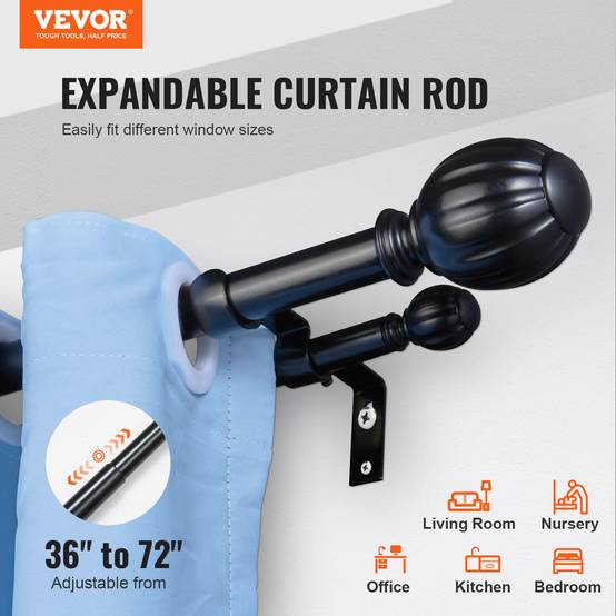 Vevor - VEVOR Tringle rideau double, extensible 92-183 cm. Fer, charge 13,6 kg, noir. - Image 2