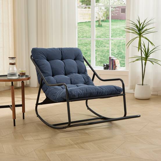 Fauteuil à bascule en acier pour salon et jardin avec coussin épais bleu marine - ComfortXL Outdoor Living - Image 1