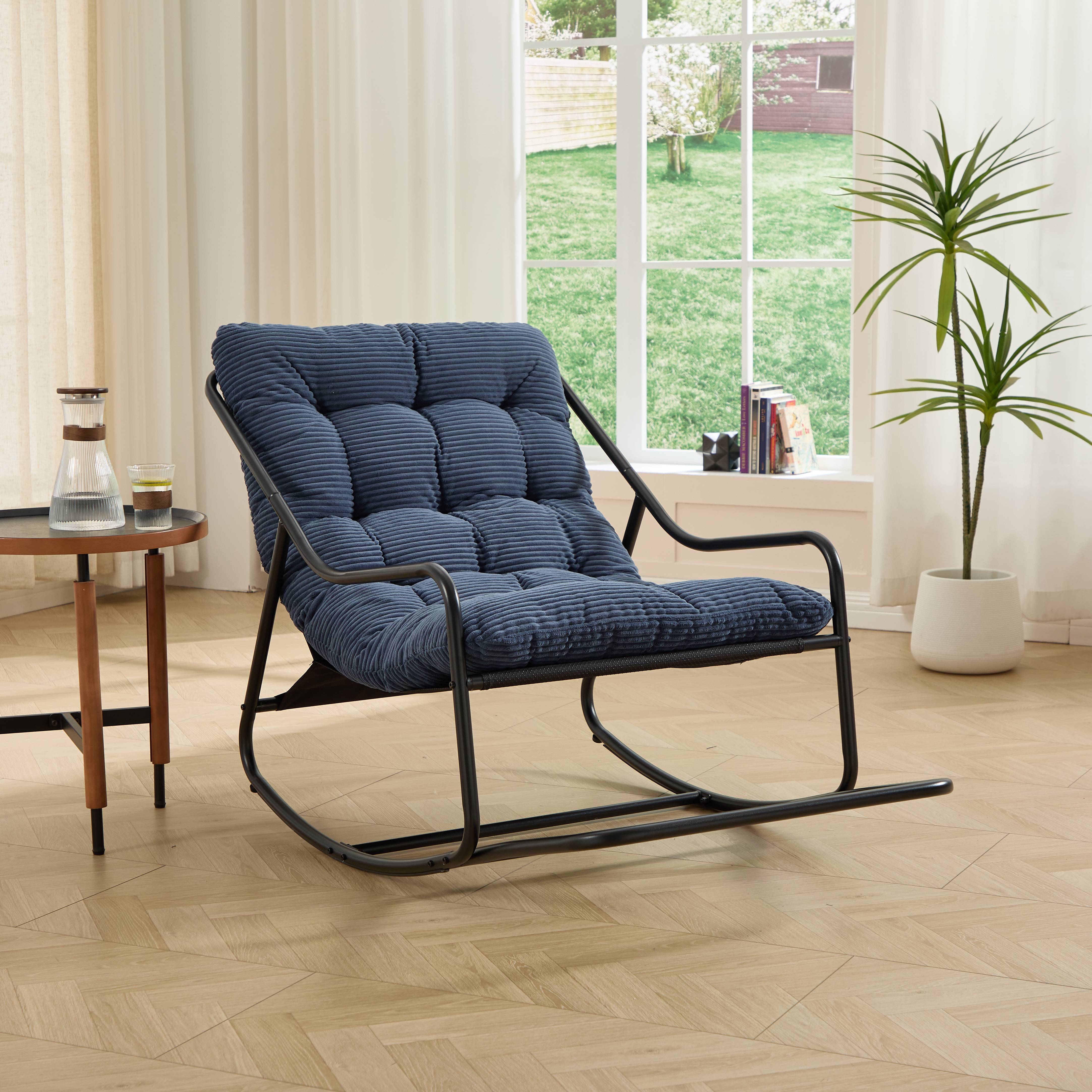 Fauteuil à bascule en acier pour salon et jardin avec coussin épais bleu marine - ComfortXL Outdoor Living - Image 1