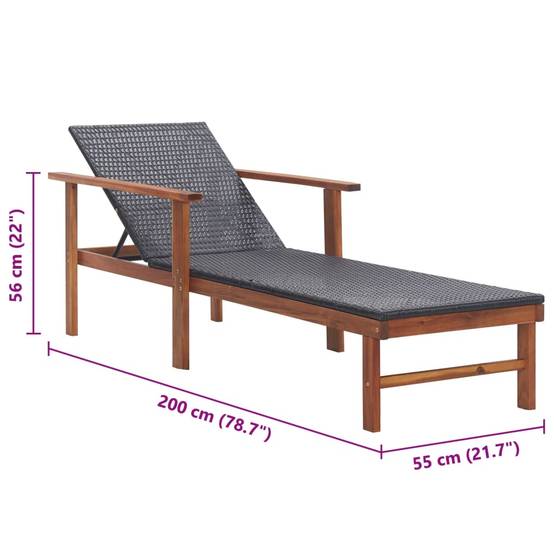 Chaise longue | Transat | Bain de soleil Résine tressée et bois d'acacia massif Noir - Image 9