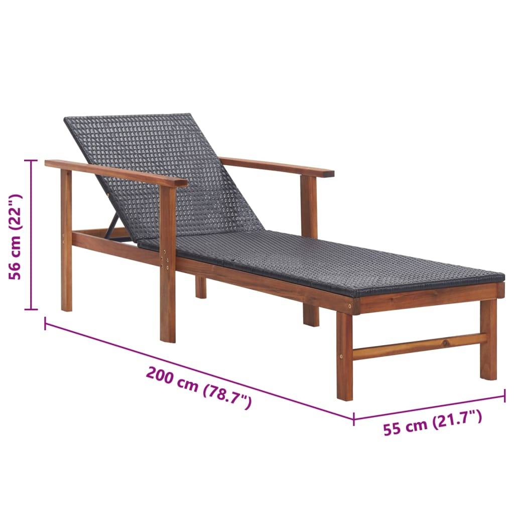 Chaise longue | Transat | Bain de soleil Résine tressée et bois d'acacia massif Noir - Image 9