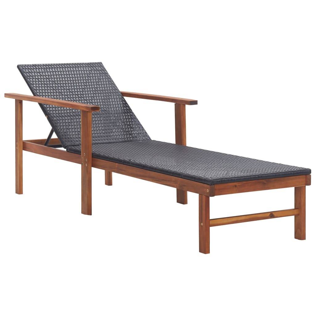 Chaise longue | Transat | Bain de soleil Résine tressée et bois d'acacia massif Noir - Image 2