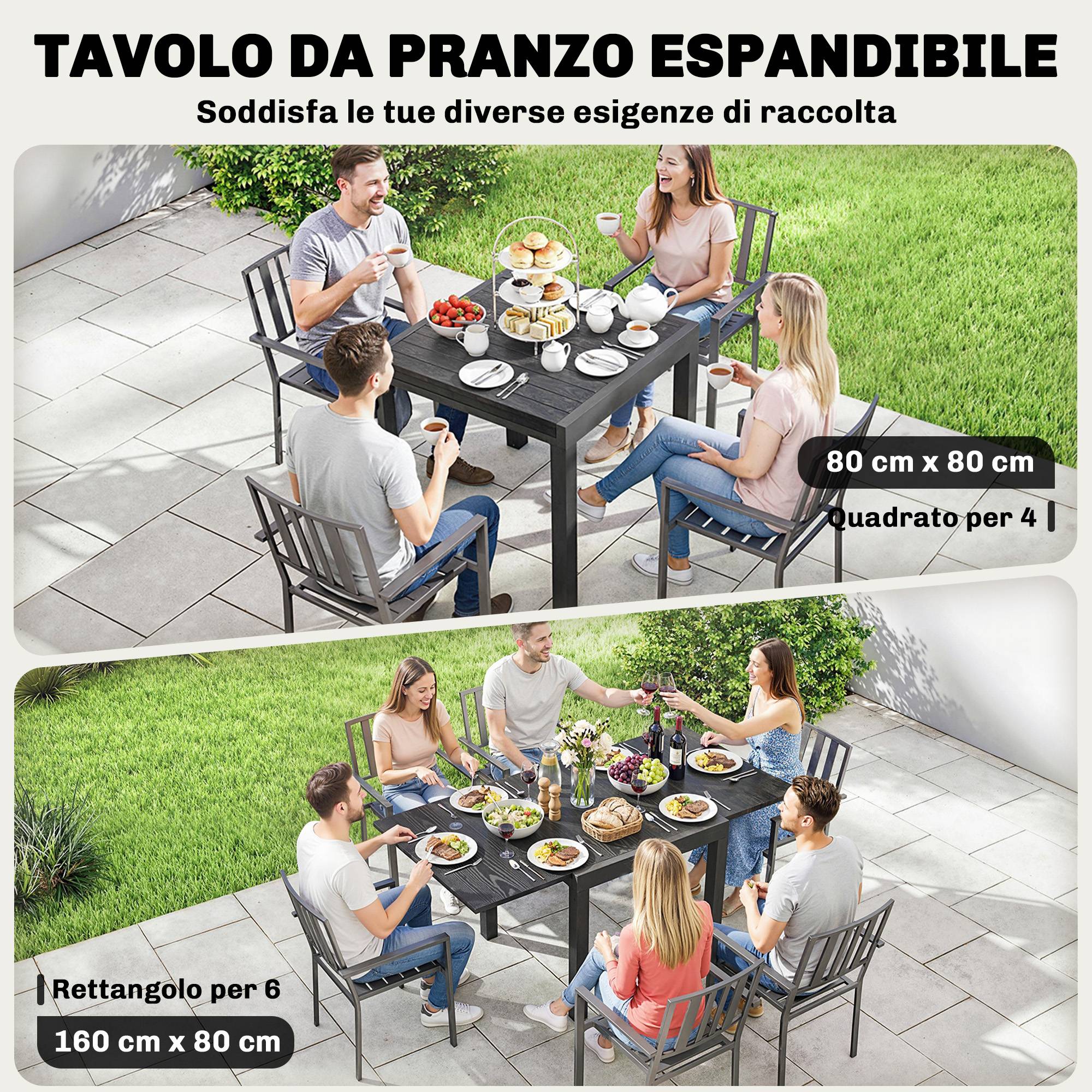 Table jardin extensible 4-6 personnes plateau lattes aluminium, 80/160x80x75 cm noire - Image 6