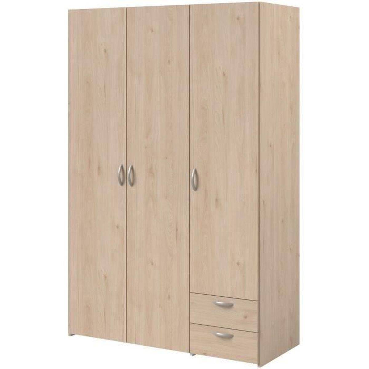 Armoire chambre Varia 3 portes battantes, 2 tiroirs, penderie, décor chêne et blanc - Parisot - Image 3