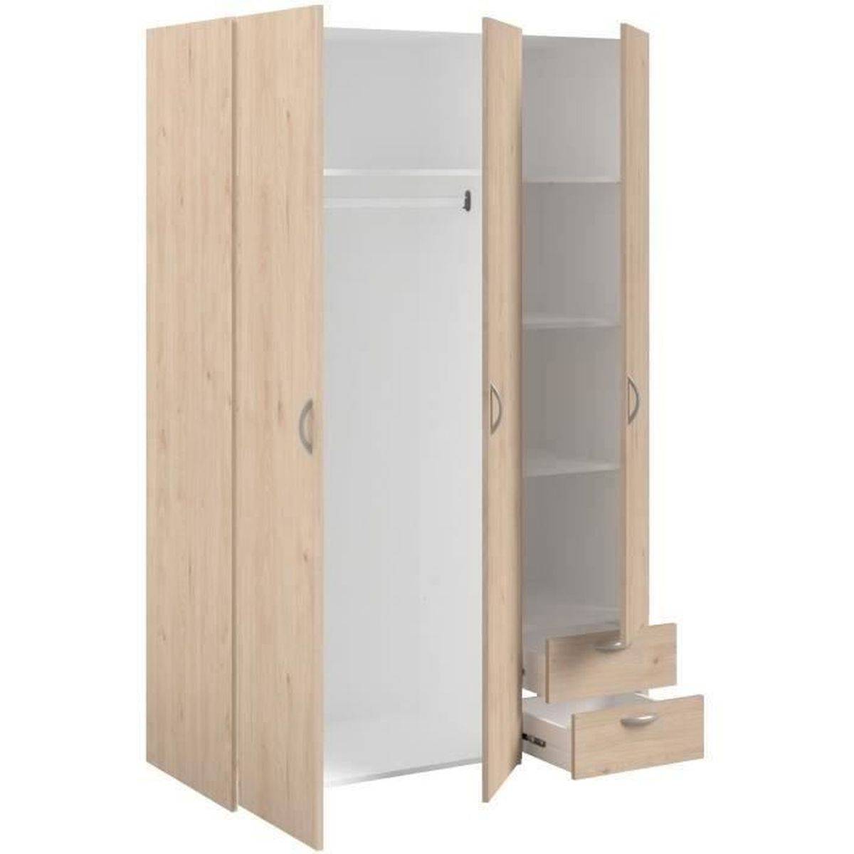 Armoire chambre Varia 3 portes battantes, 2 tiroirs, penderie, décor chêne et blanc - Parisot - Image 5