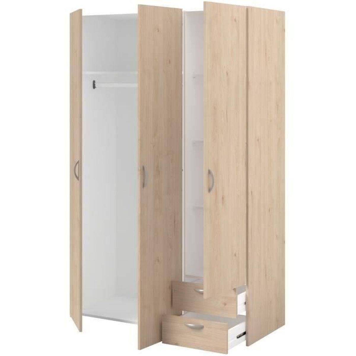 Armoire chambre Varia 3 portes battantes, 2 tiroirs, penderie, décor chêne et blanc - Parisot - Image 6