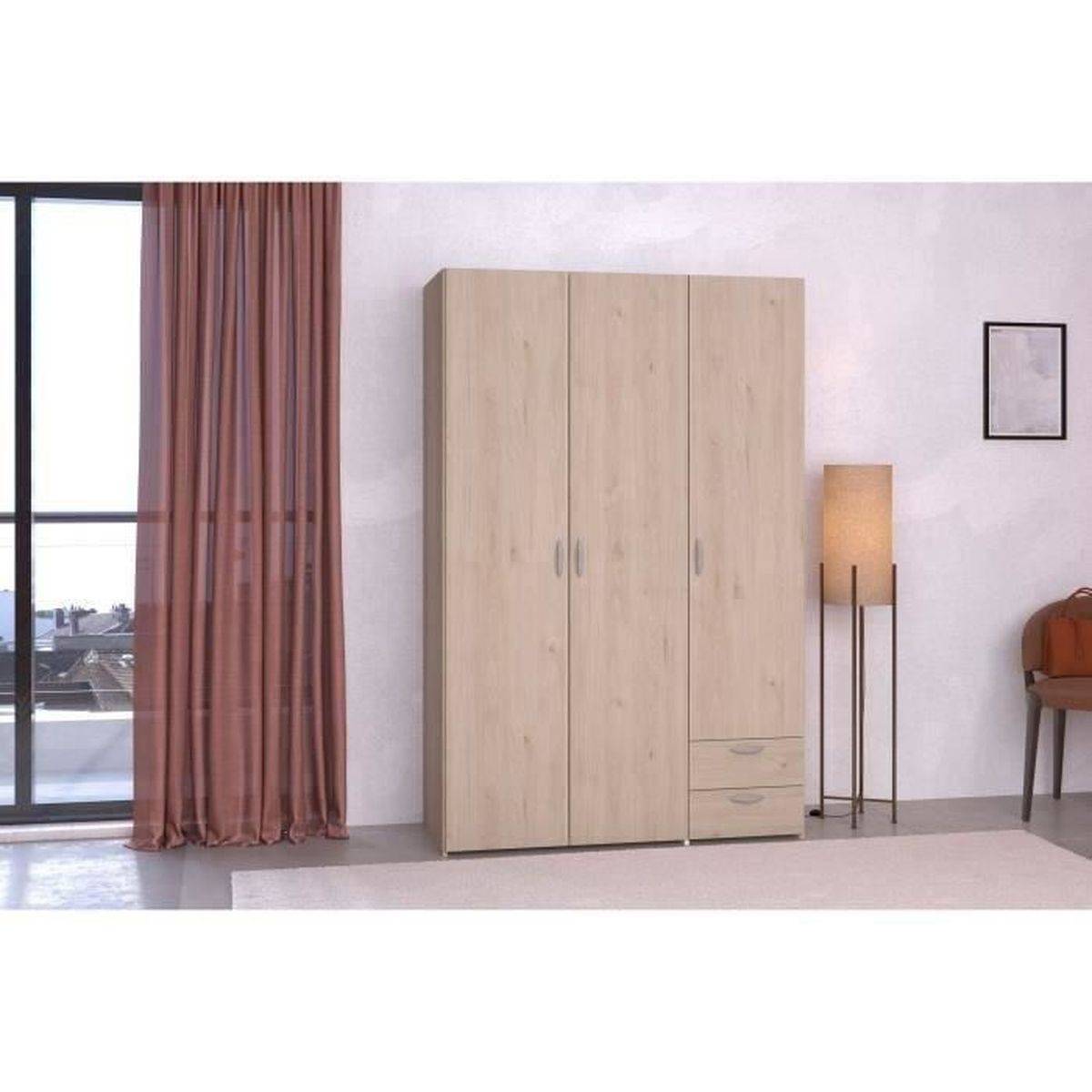 Armoire chambre Varia 3 portes battantes, 2 tiroirs, penderie, décor chêne et blanc - Parisot - Image 1