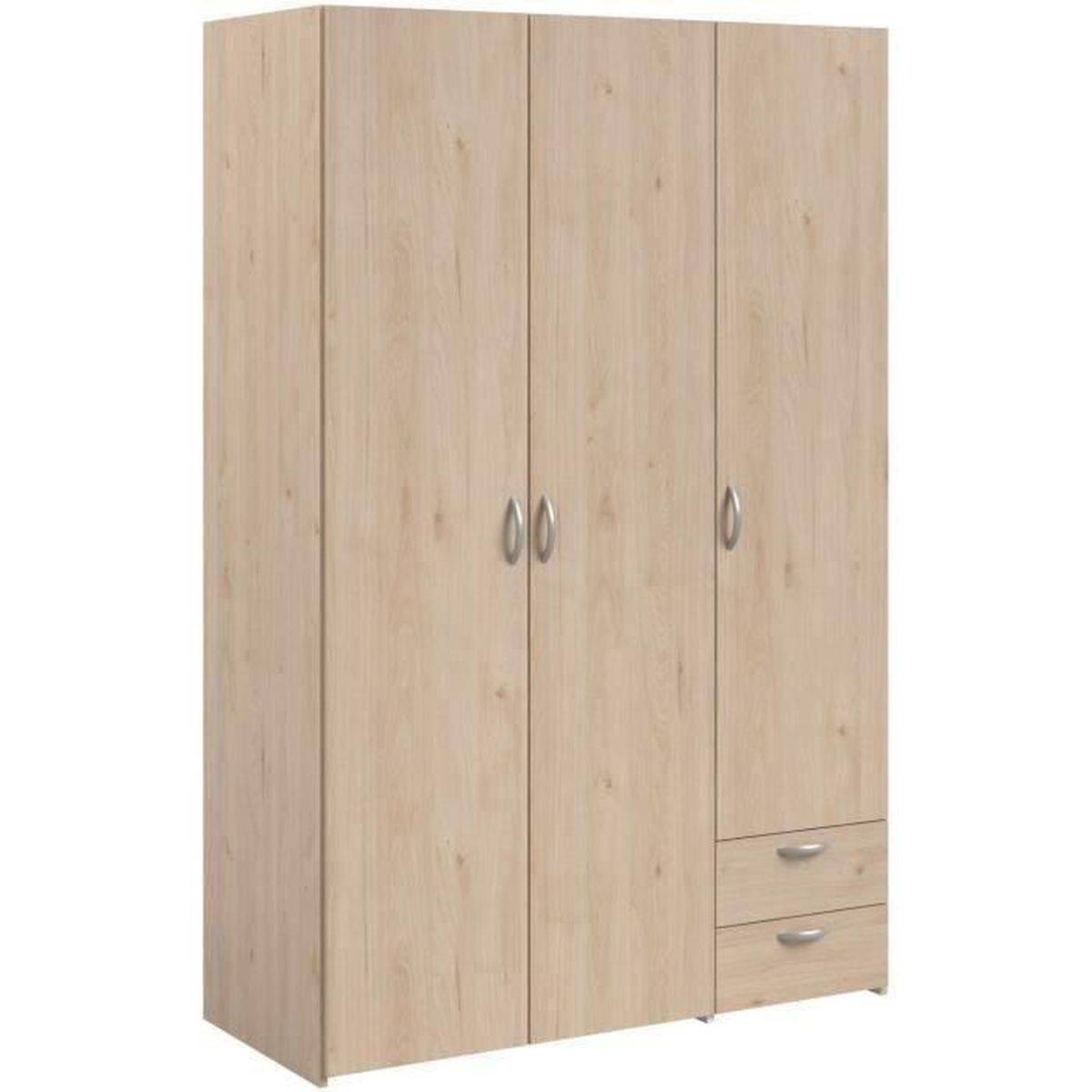 Armoire chambre Varia 3 portes battantes, 2 tiroirs, penderie, décor chêne et blanc - Parisot - Image 2