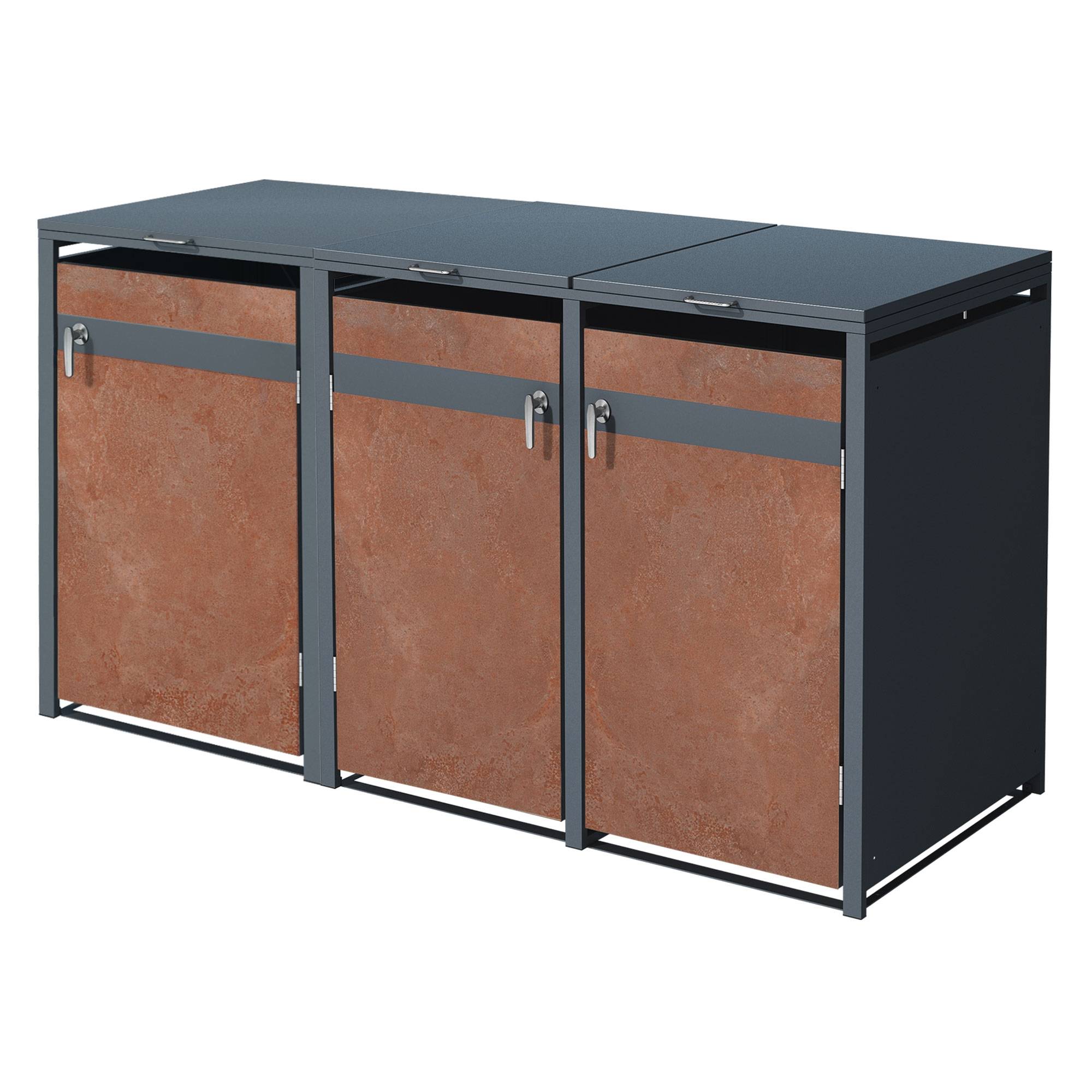 Abri pour 3 poubelles 200x80x116,3 cm capacité de 60L à 240L anthracite/aspect rouillé acier couvercle rabattable/3 portes résistant aux intempéries - Image 1
