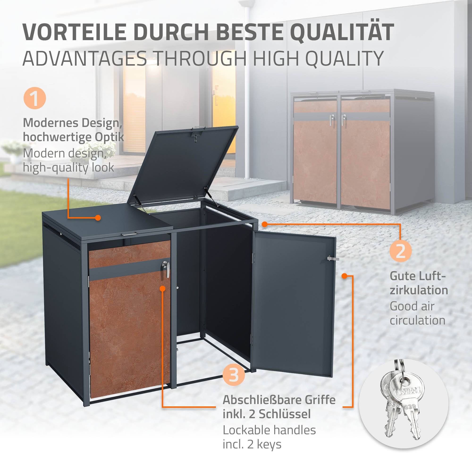 Abri pour 3 poubelles 200x80x116,3 cm capacité de 60L à 240L anthracite/aspect rouillé acier couvercle rabattable/3 portes résistant aux intempéries - Image 4
