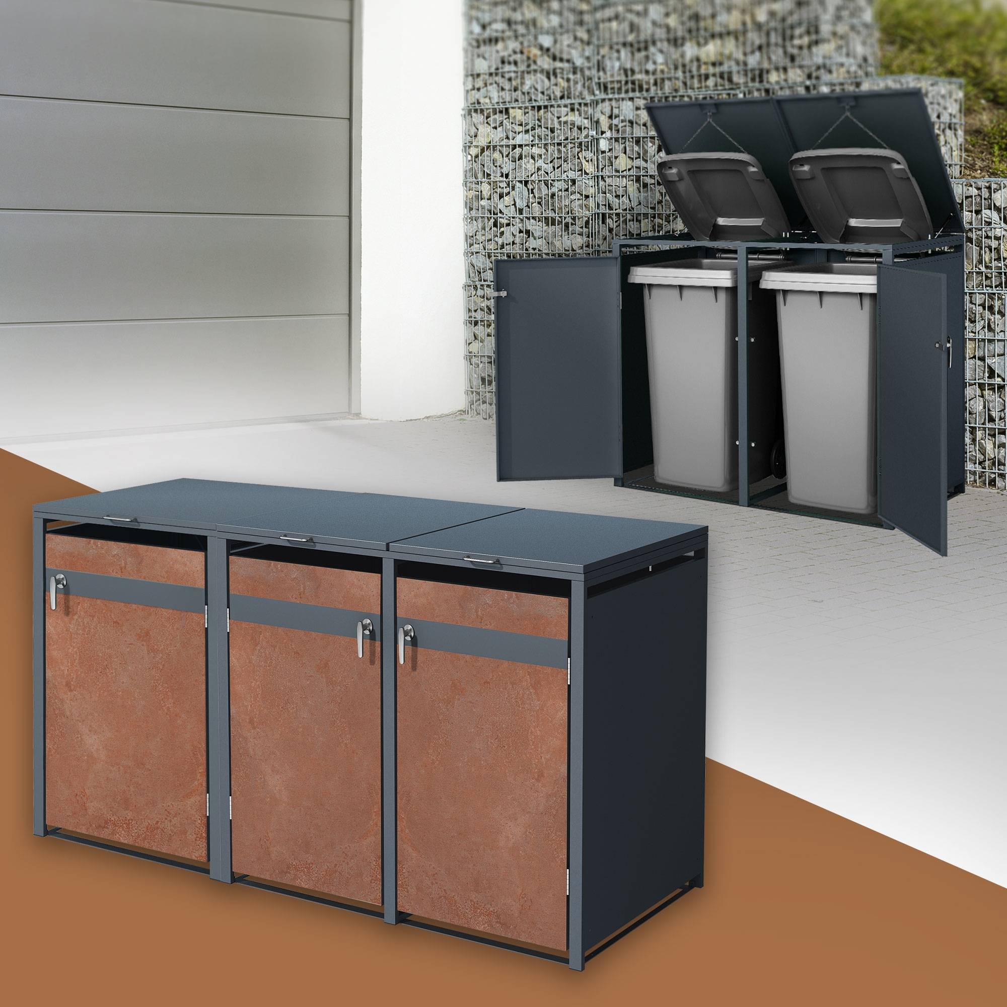 Abri pour 3 poubelles 200x80x116,3 cm capacité de 60L à 240L anthracite/aspect rouillé acier couvercle rabattable/3 portes résistant aux intempéries - Image 2