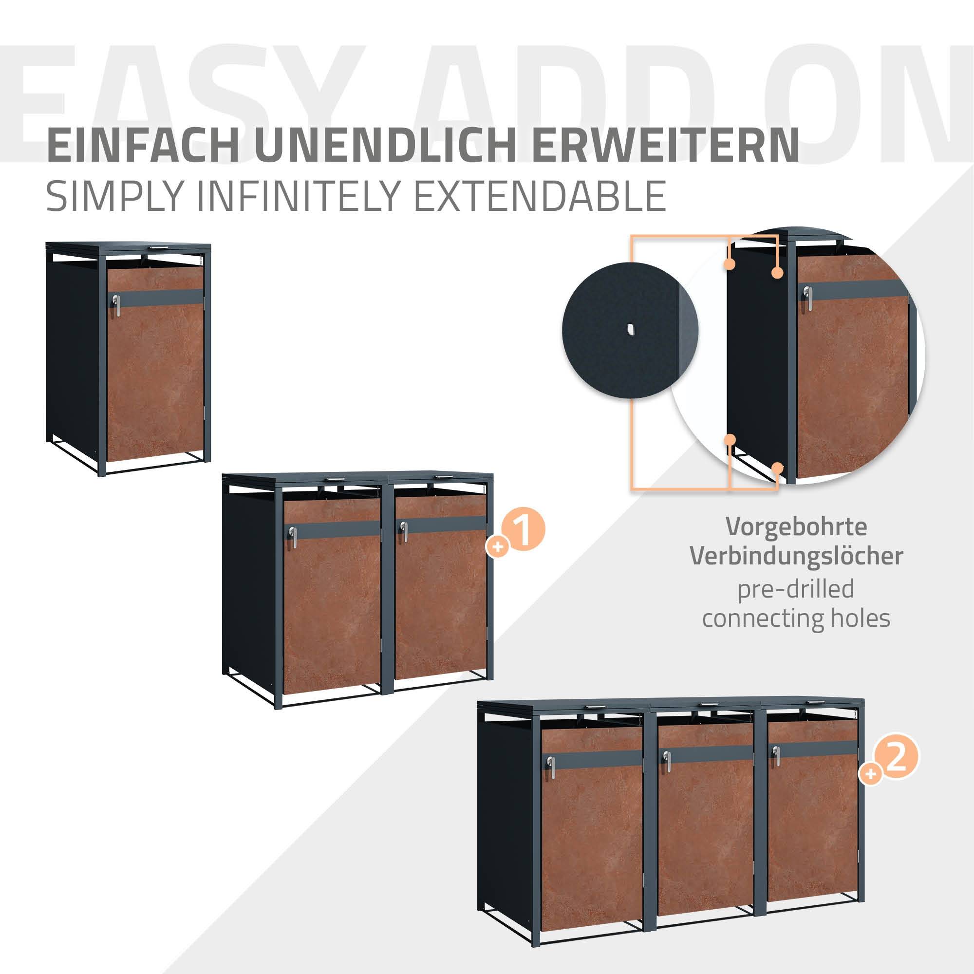 Abri pour 3 poubelles 200x80x116,3 cm capacité de 60L à 240L anthracite/aspect rouillé acier couvercle rabattable/3 portes résistant aux intempéries - Image 7