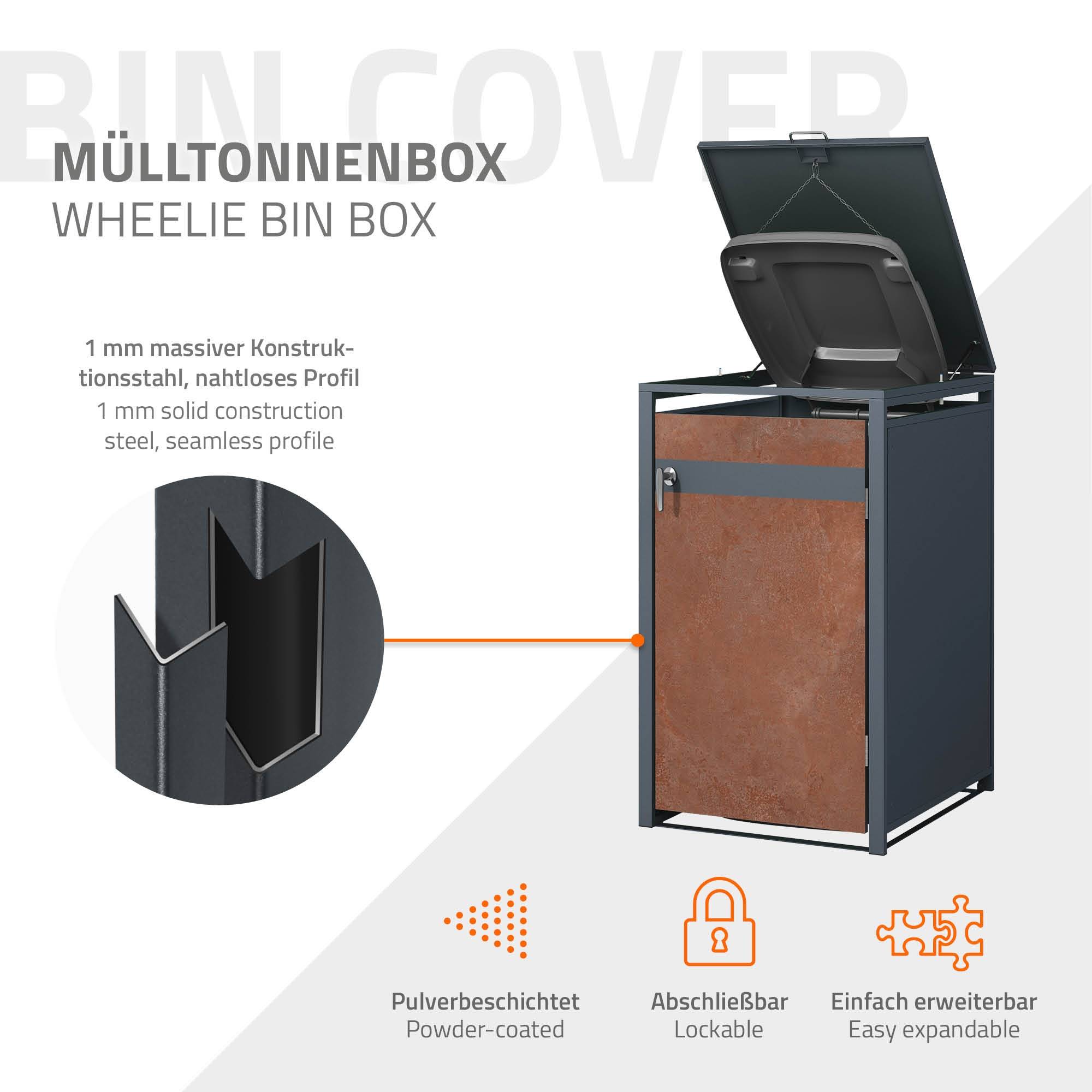 Abri pour 3 poubelles 200x80x116,3 cm capacité de 60L à 240L anthracite/aspect rouillé acier couvercle rabattable/3 portes résistant aux intempéries - Image 3